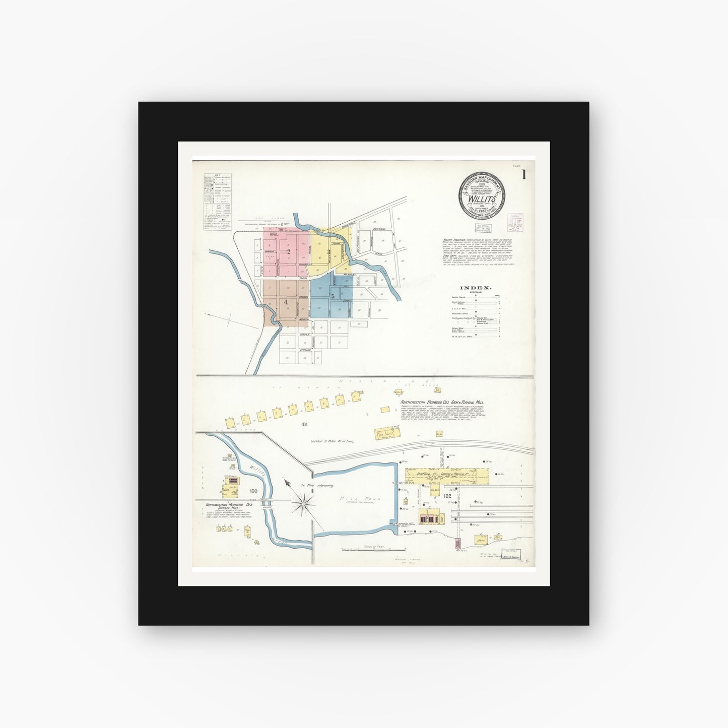 Old map wall art mockup — black gallery frame with white mat — Sanborn Fire Insurance Map from Willits, Mendocino County, California (1903) - Complete Map Set