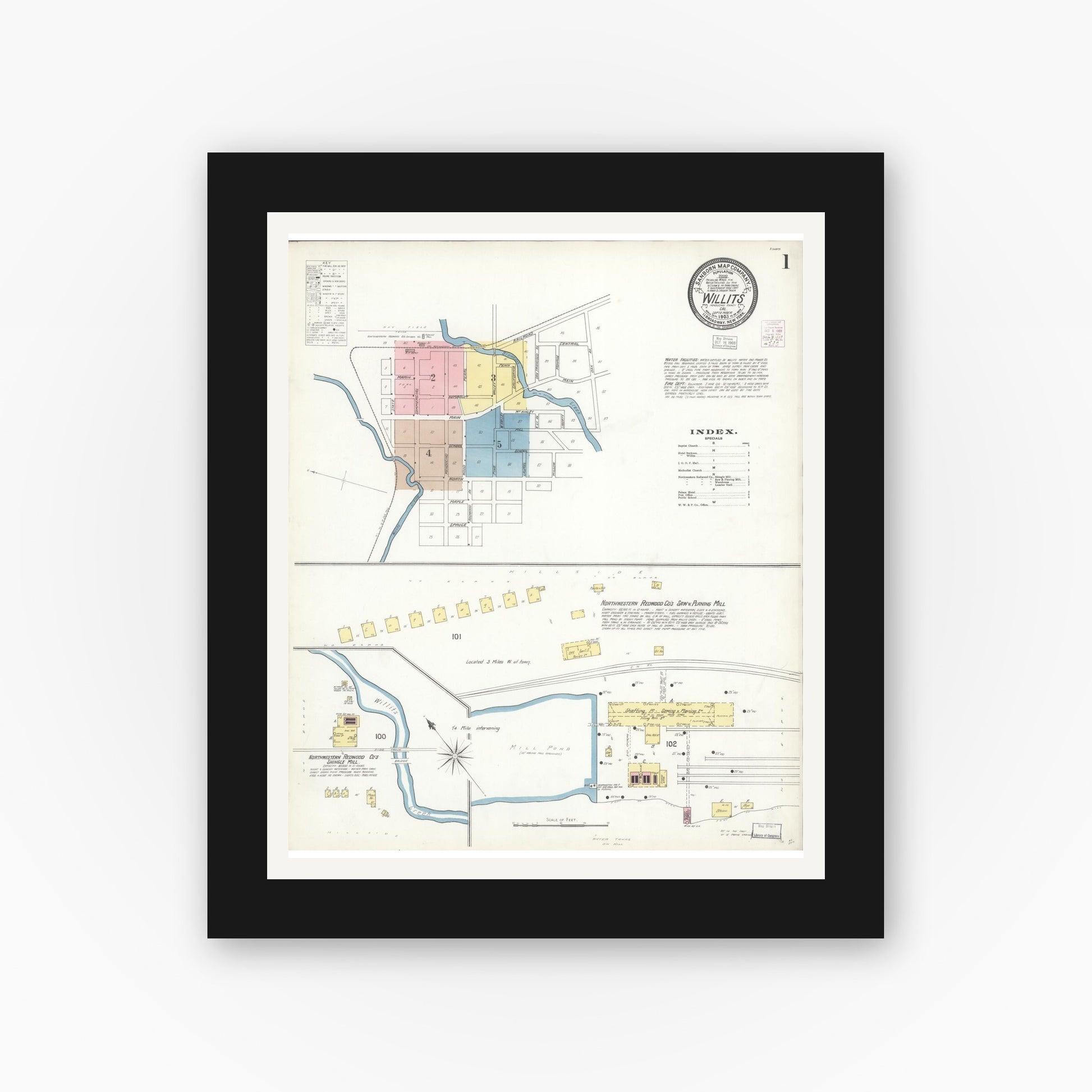Old map wall art mockup — black gallery frame with white mat — Sanborn Fire Insurance Map from Willits, Mendocino County, California (1903) - Complete Map Set