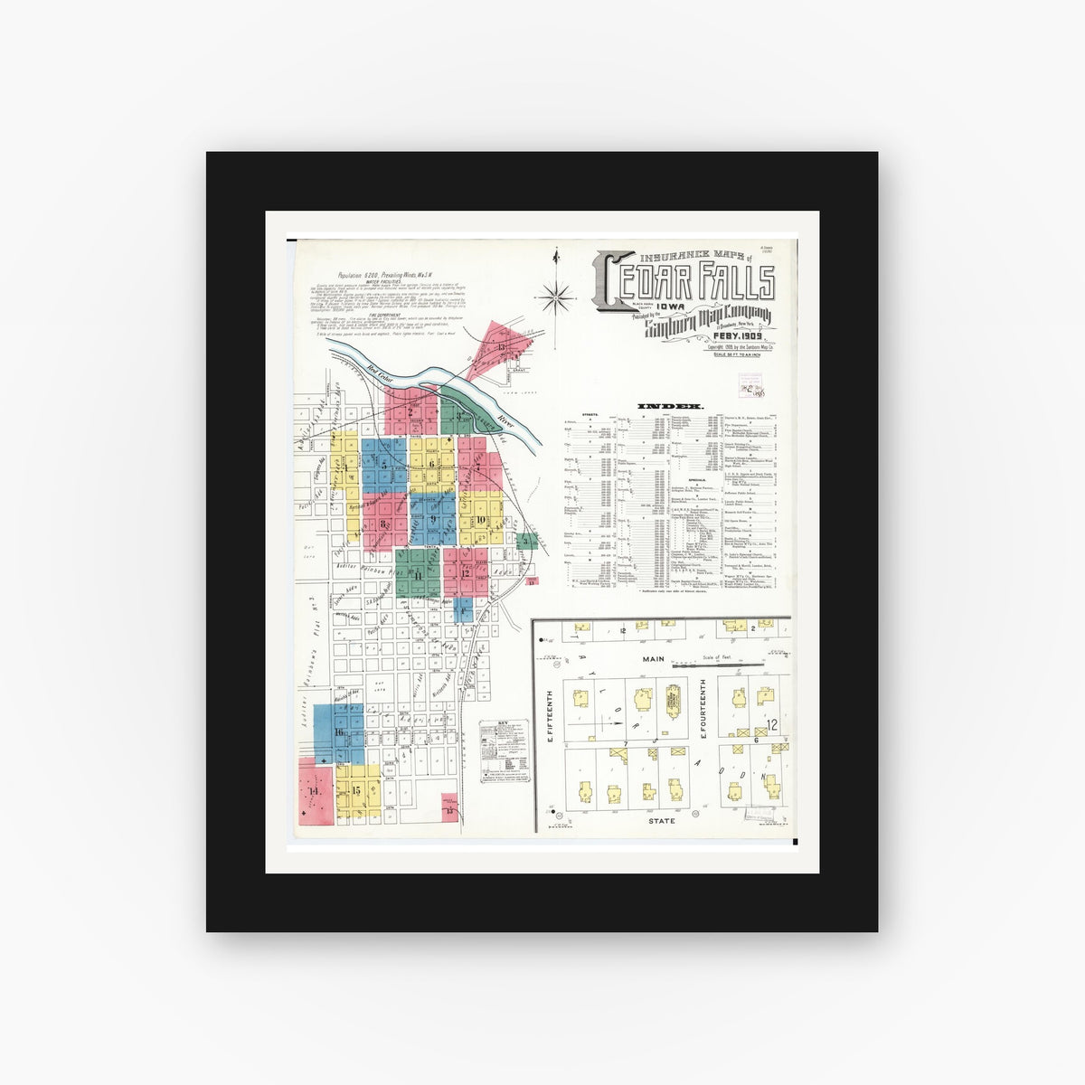 Old map wall art mockup — black gallery frame with white mat — Sanborn Fire Insurance Map from Cedar Falls, Black Hawk County, Iowa (1909), Sheet #0001