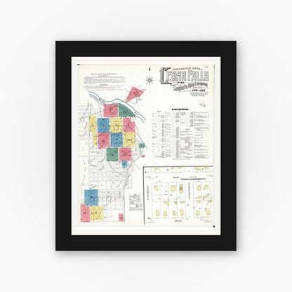 Old map wall art mockup — black gallery frame with white mat — Sanborn Fire Insurance Map from Cedar Falls, Black Hawk County, Iowa (1909), Sheet #0001