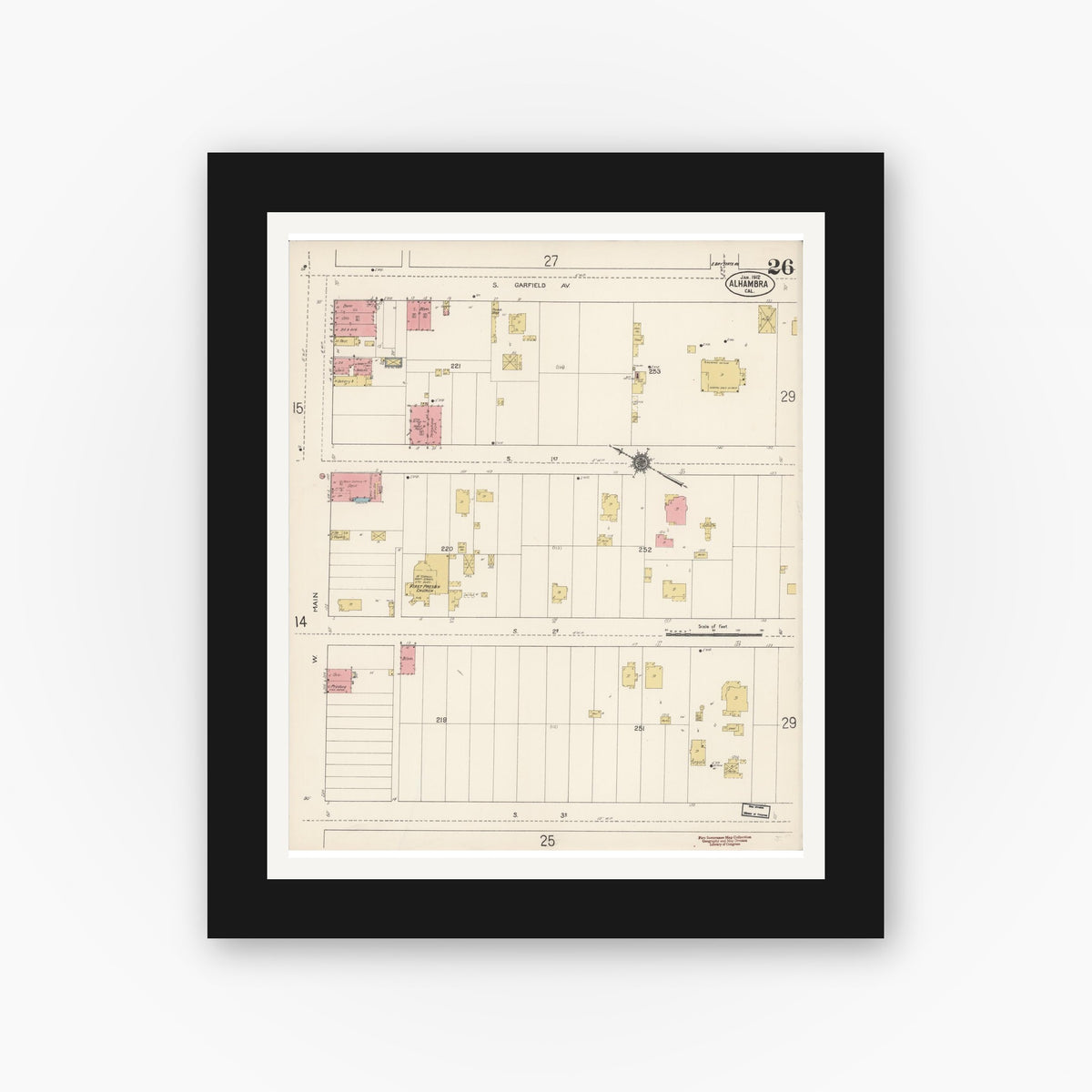 Old map wall art mockup — black gallery frame with white mat — Sanborn Fire Insurance Map from Alhambra, Los Angeles County, California (1912), Sheet #0026