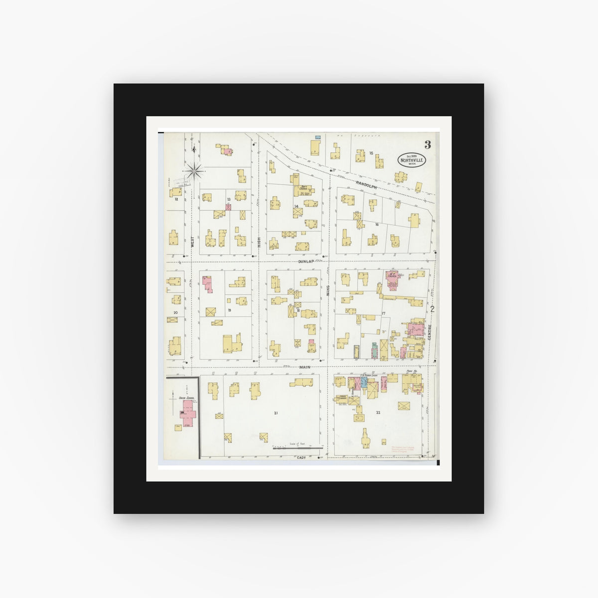 Old map wall art mockup — black gallery frame with white mat — Sanborn Fire Insurance Map from Northville, Wayne County, Michigan (1899), Sheet #0003