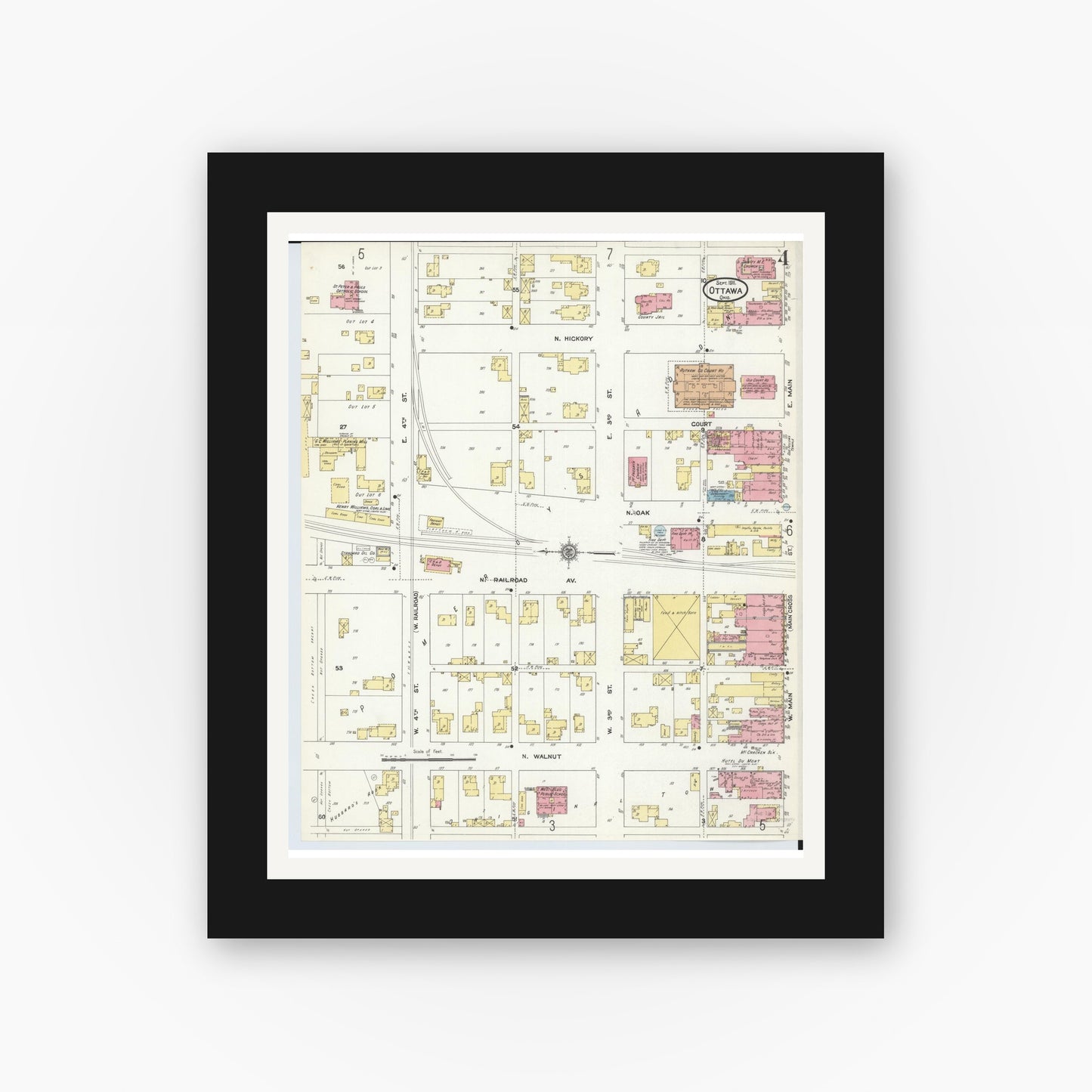Old map wall art mockup — black gallery frame with white mat — Sanborn Fire Insurance Map from Ottawa, Putnam County, Ohio (1911), Sheet #0004