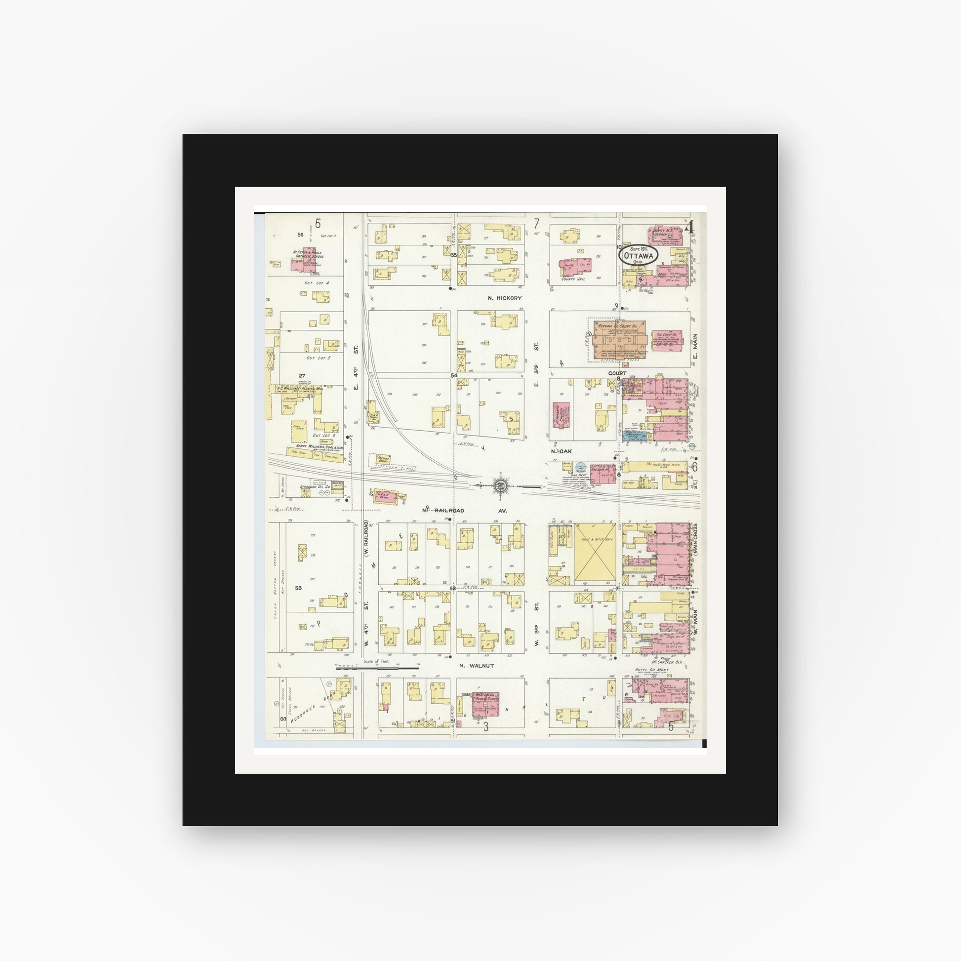 Old map wall art mockup — black gallery frame with white mat — Sanborn Fire Insurance Map from Ottawa, Putnam County, Ohio (1911), Sheet #0004