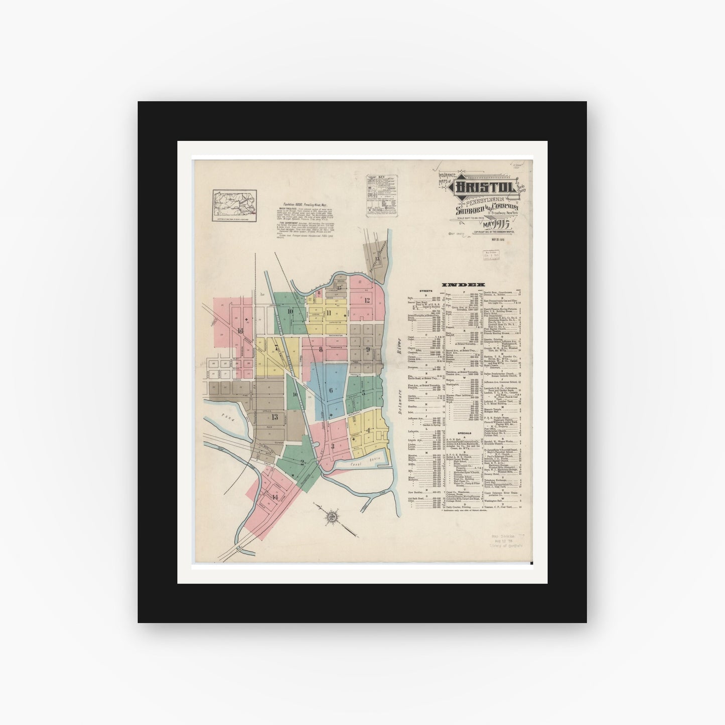Old map wall art mockup — black gallery frame with white mat — Sanborn Fire Insurance Map from Bristol, Bucks County, Pennsylvania (1915), Sheet #0001