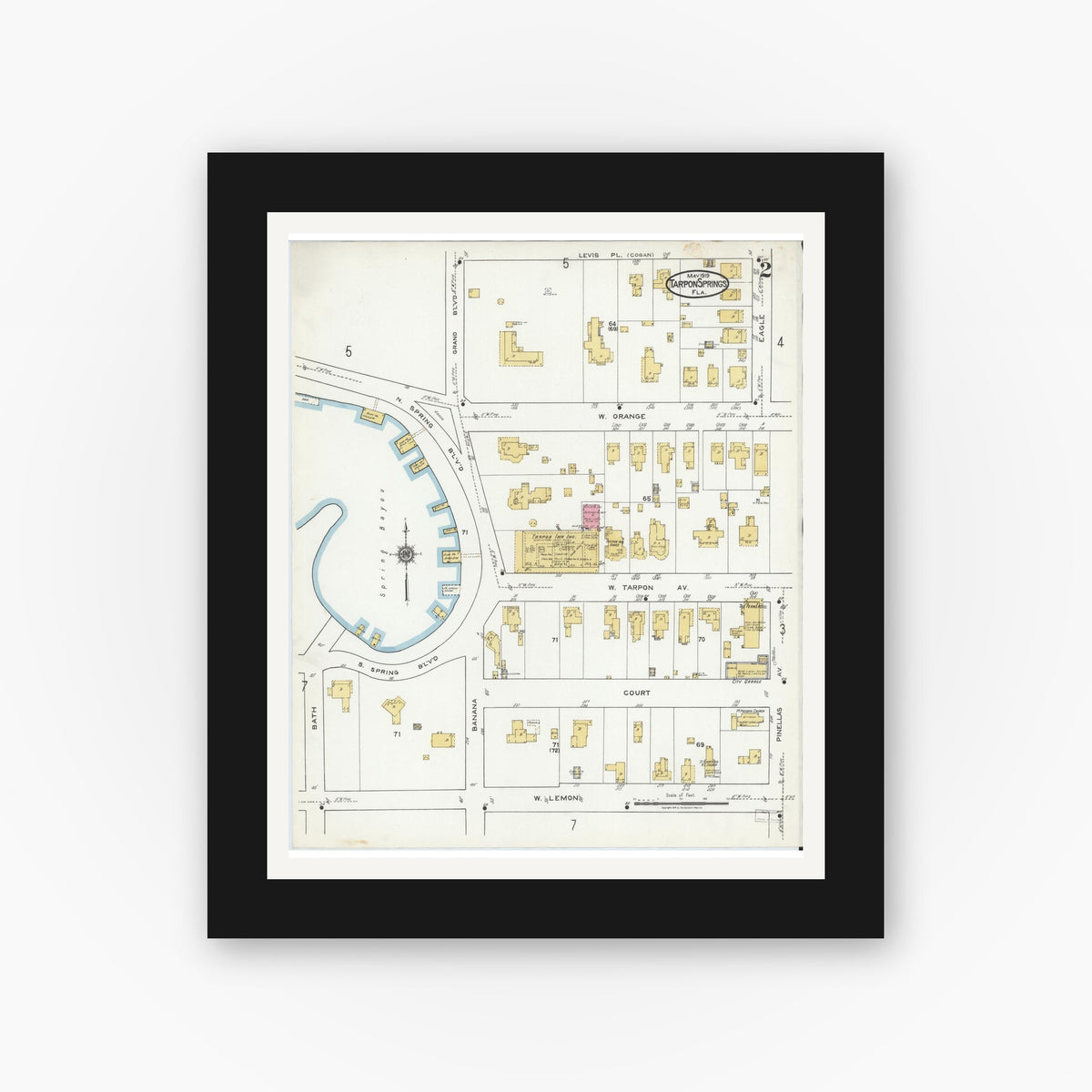 Old map wall art mockup — black gallery frame with white mat — Sanborn Fire Insurance Map from Tarpon Springs, Pinellas County, Florida (1919), Sheet #0002