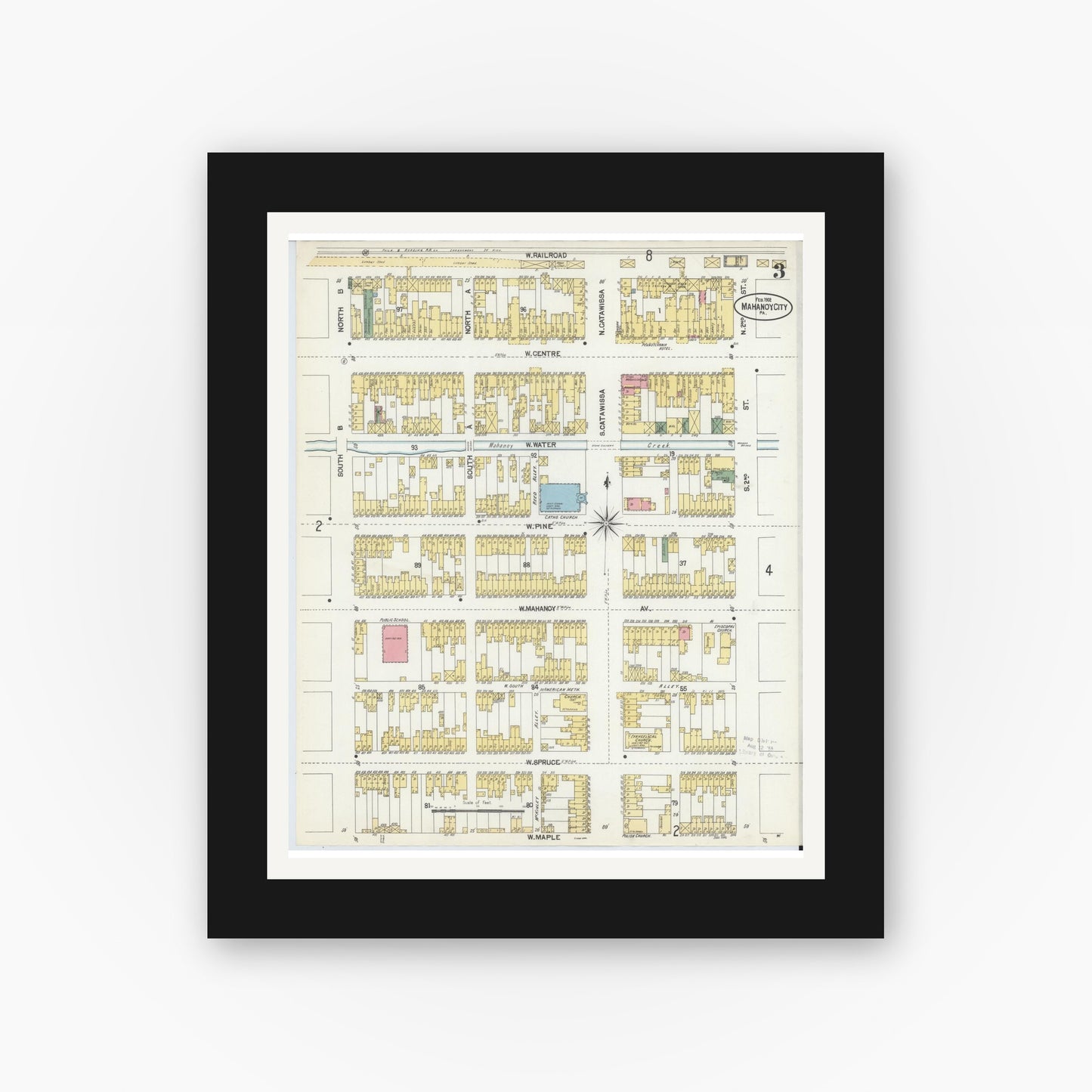 Old map wall art mockup — black gallery frame with white mat — Sanborn Fire Insurance Map from Mahanoy City, Schuylkill County, Pennsylvania (1902), Sheet #0003