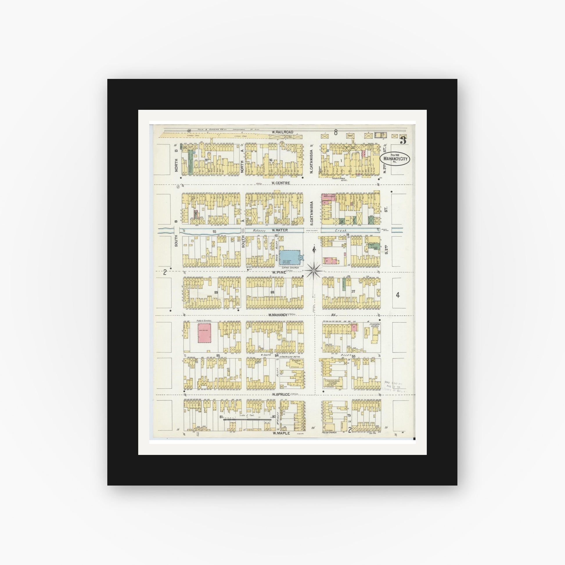 Old map wall art mockup — black gallery frame with white mat — Sanborn Fire Insurance Map from Mahanoy City, Schuylkill County, Pennsylvania (1902), Sheet #0003