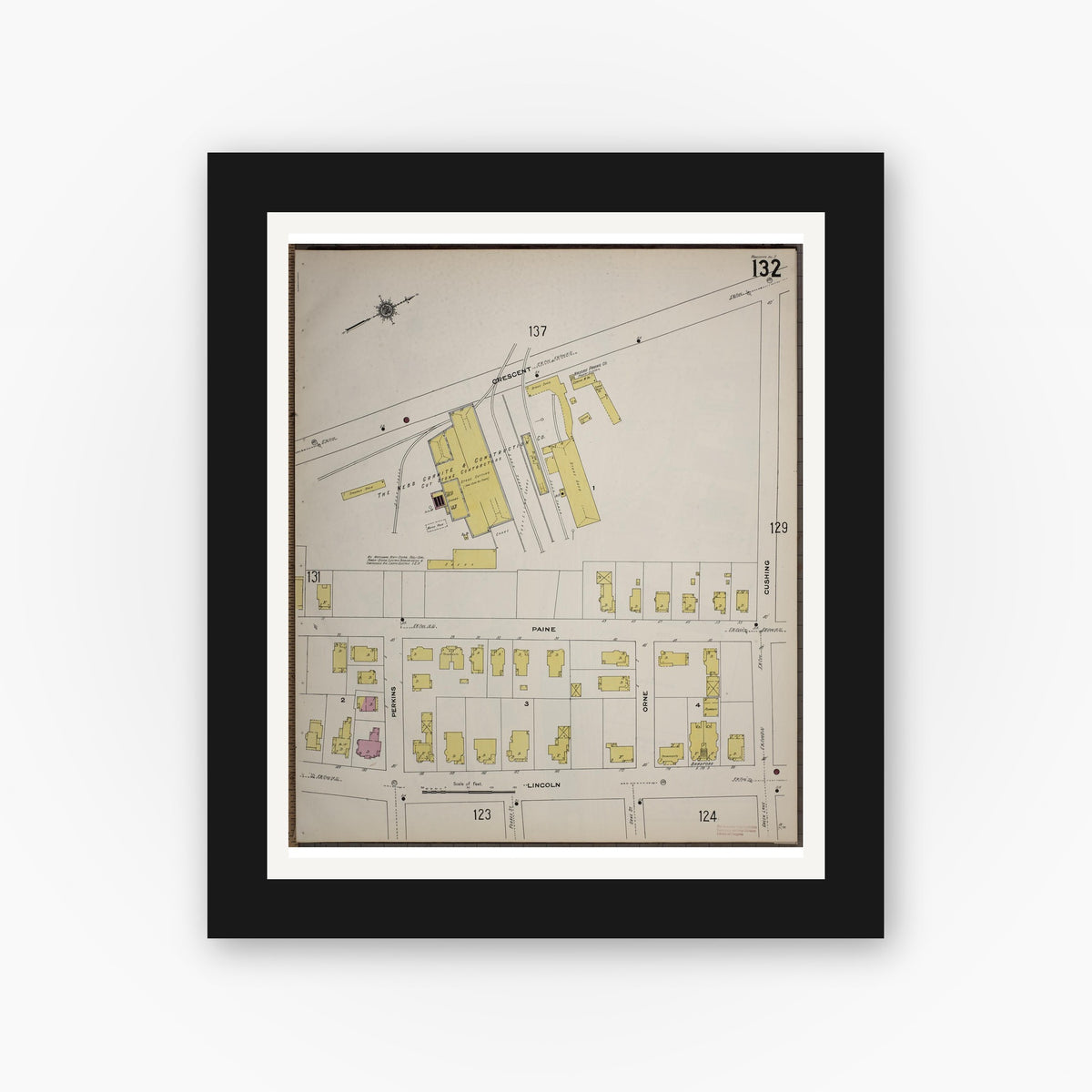 Old map wall art mockup — black gallery frame with white mat — Sanborn Fire Insurance Map from Worcester, Worcester County, Massachusetts (1910), Sheet #0132