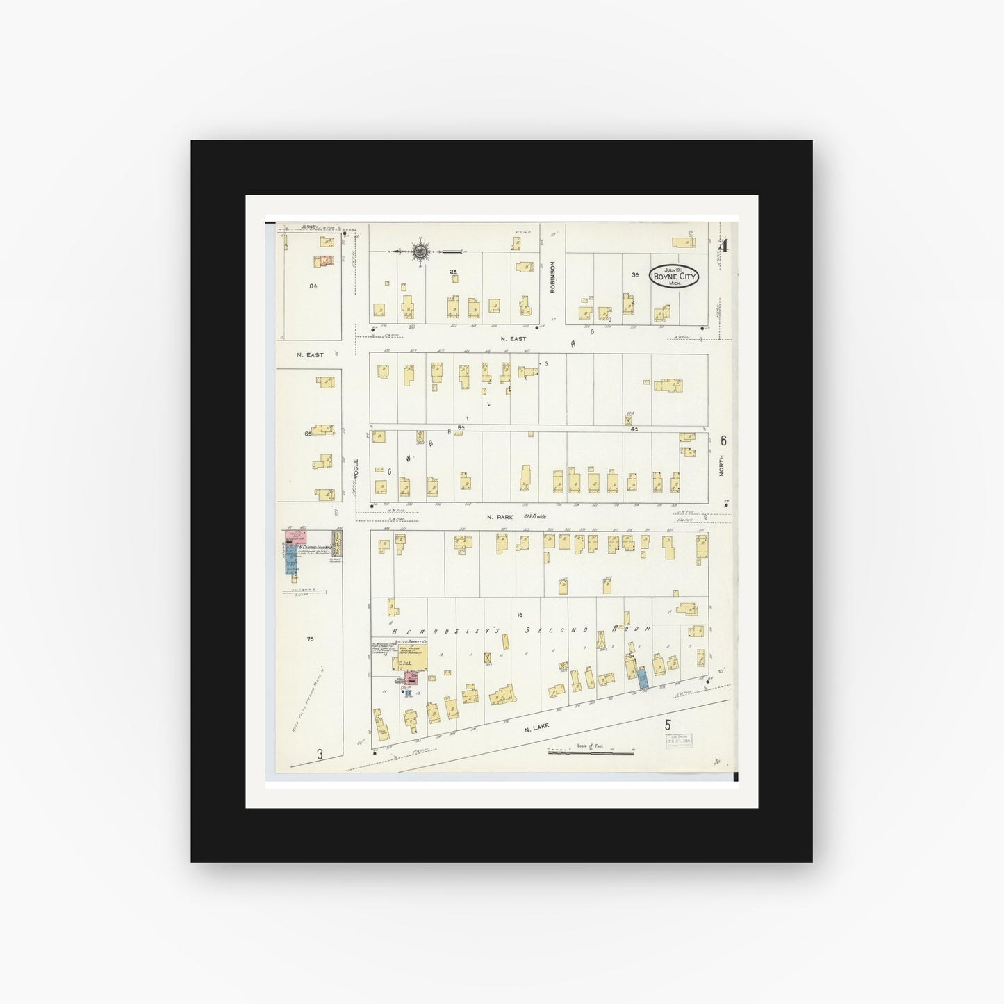Old map wall art mockup — black gallery frame with white mat — Sanborn Fire Insurance Map from Boyne City, Charlevoix County, Michigan (1911), Sheet #0004
