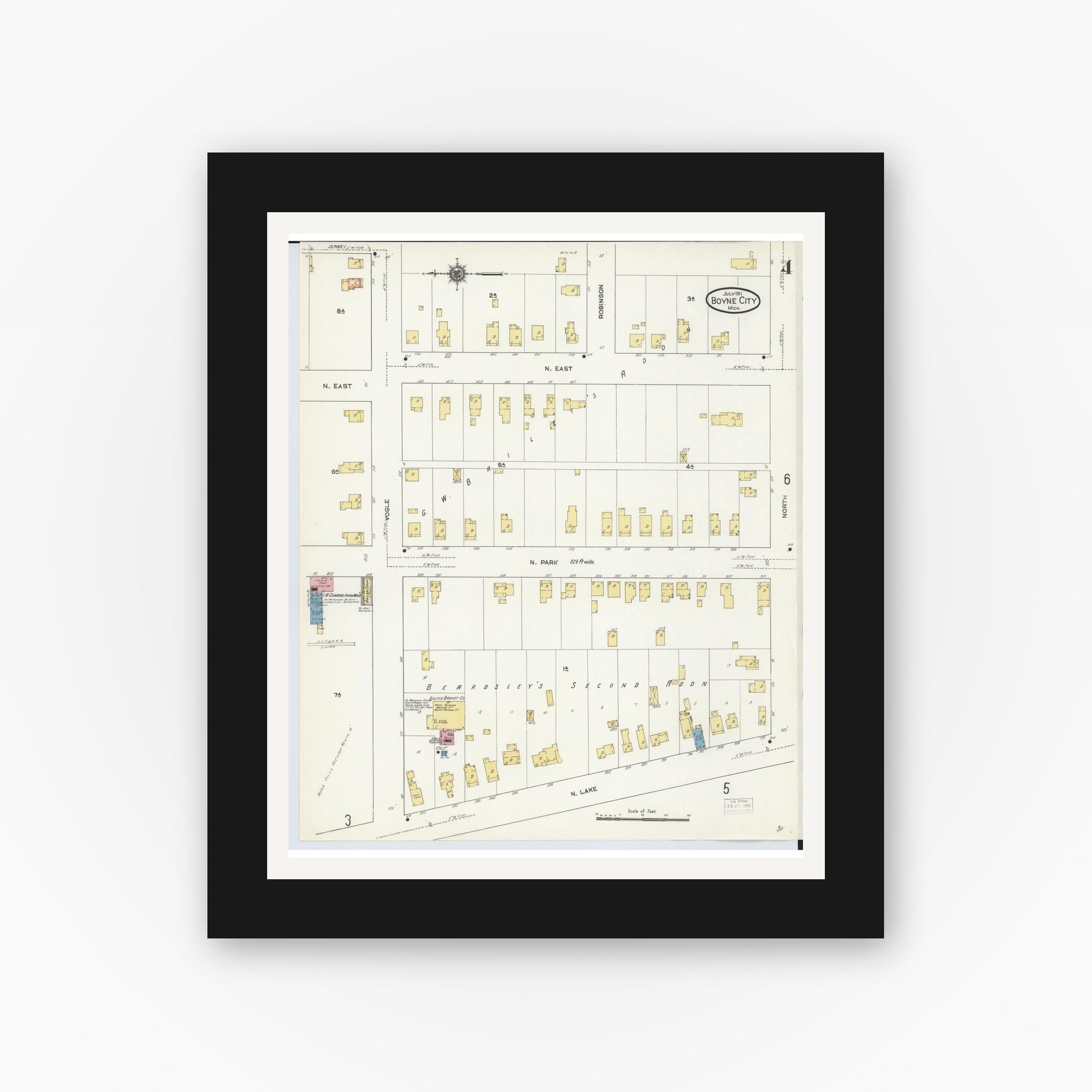 Old map wall art mockup — black gallery frame with white mat — Sanborn Fire Insurance Map from Boyne City, Charlevoix County, Michigan (1911), Sheet #0004