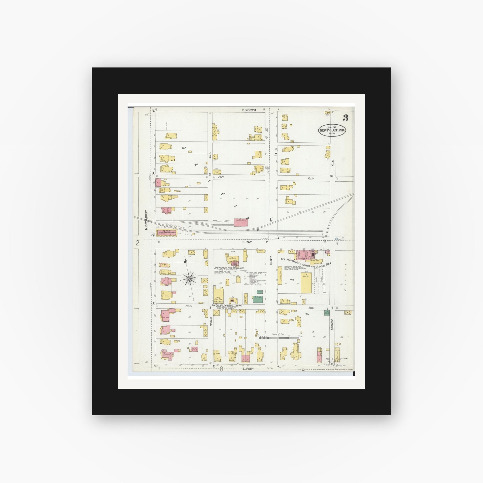 Old map wall art mockup — black gallery frame with white mat — Sanborn Fire Insurance Map from New Philadelphia, Tuscarawas County, Ohio (1901), Sheet #0003