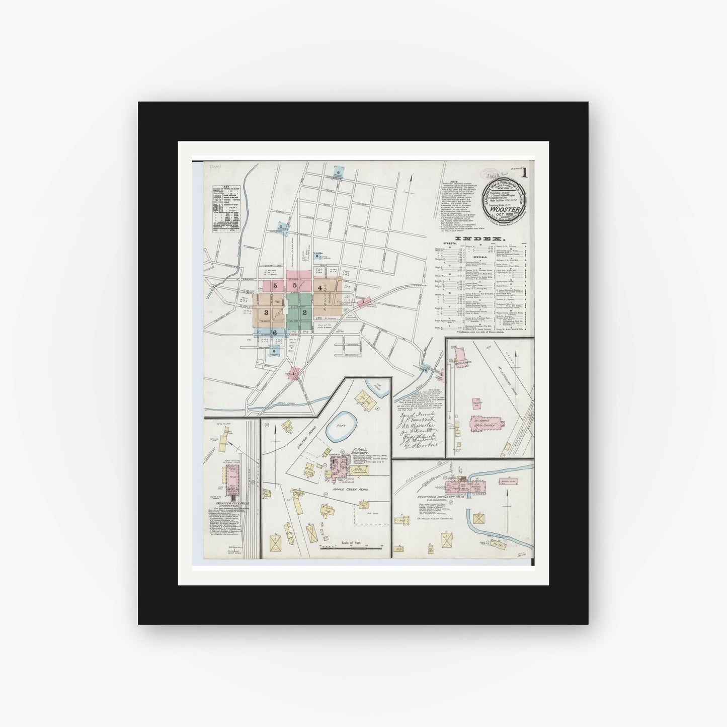Old map wall art mockup — black gallery frame with white mat — Sanborn Fire Insurance Map from Wooster, Wayne County, Ohio (1888) - Complete Map Set