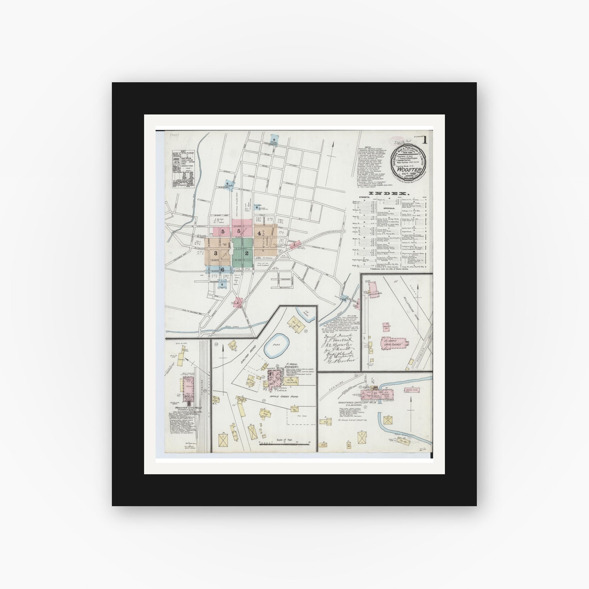 Old map wall art mockup — black gallery frame with white mat — Sanborn Fire Insurance Map from Wooster, Wayne County, Ohio (1888) - Complete Map Set