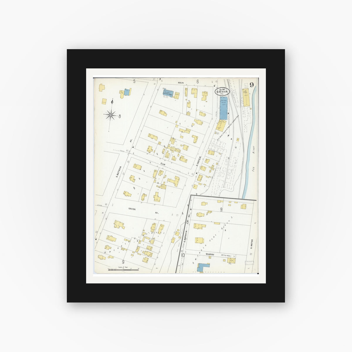 Old map wall art mockup — black gallery frame with white mat — Sanborn Fire Insurance Map from Batavia, Kane County, Illinois (1907), Sheet #0009