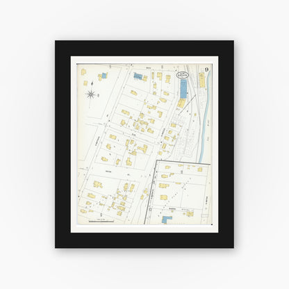 Old map wall art mockup — black gallery frame with white mat — Sanborn Fire Insurance Map from Batavia, Kane County, Illinois (1907), Sheet #0009