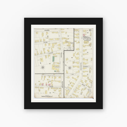 Old map wall art mockup — black gallery frame with white mat — Sanborn Fire Insurance Map from Peabody, Essex County, Massachusetts (1887), Sheet #0011