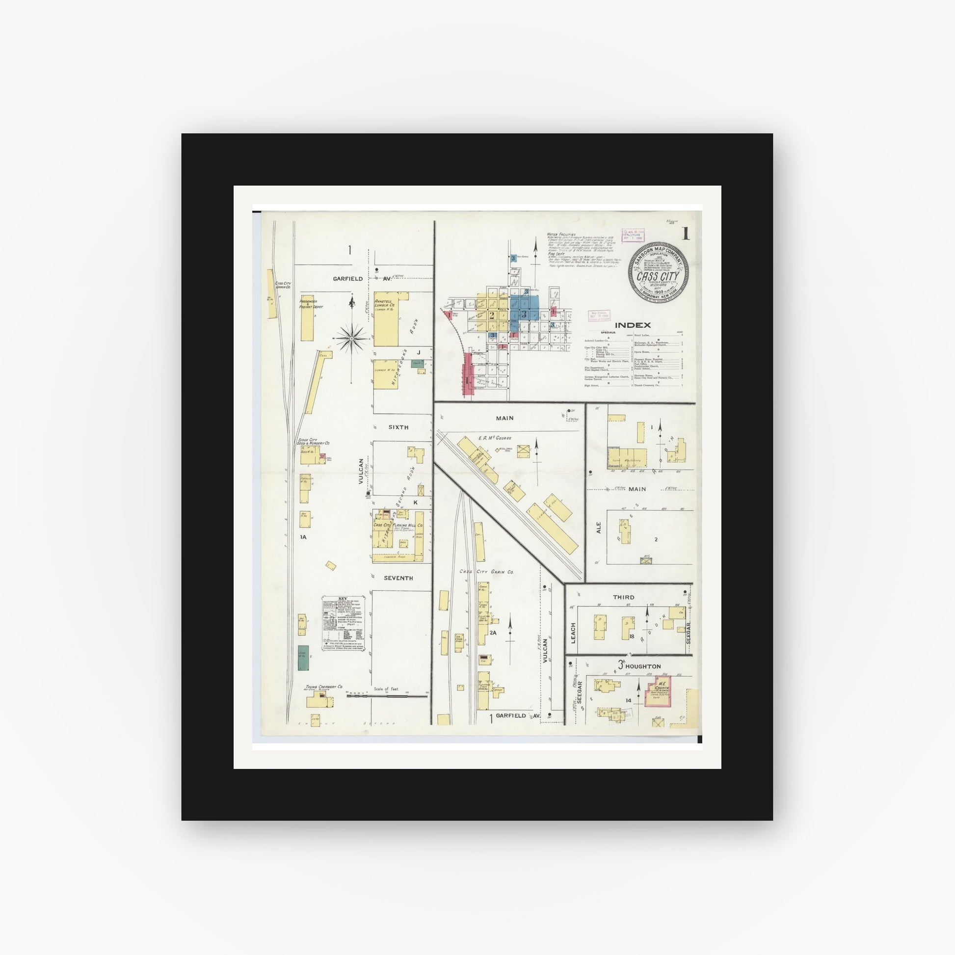 Old map wall art mockup — black gallery frame with white mat — Sanborn Fire Insurance Map from Cass City, Tuscola County, Michigan (1909) - Complete Map Set