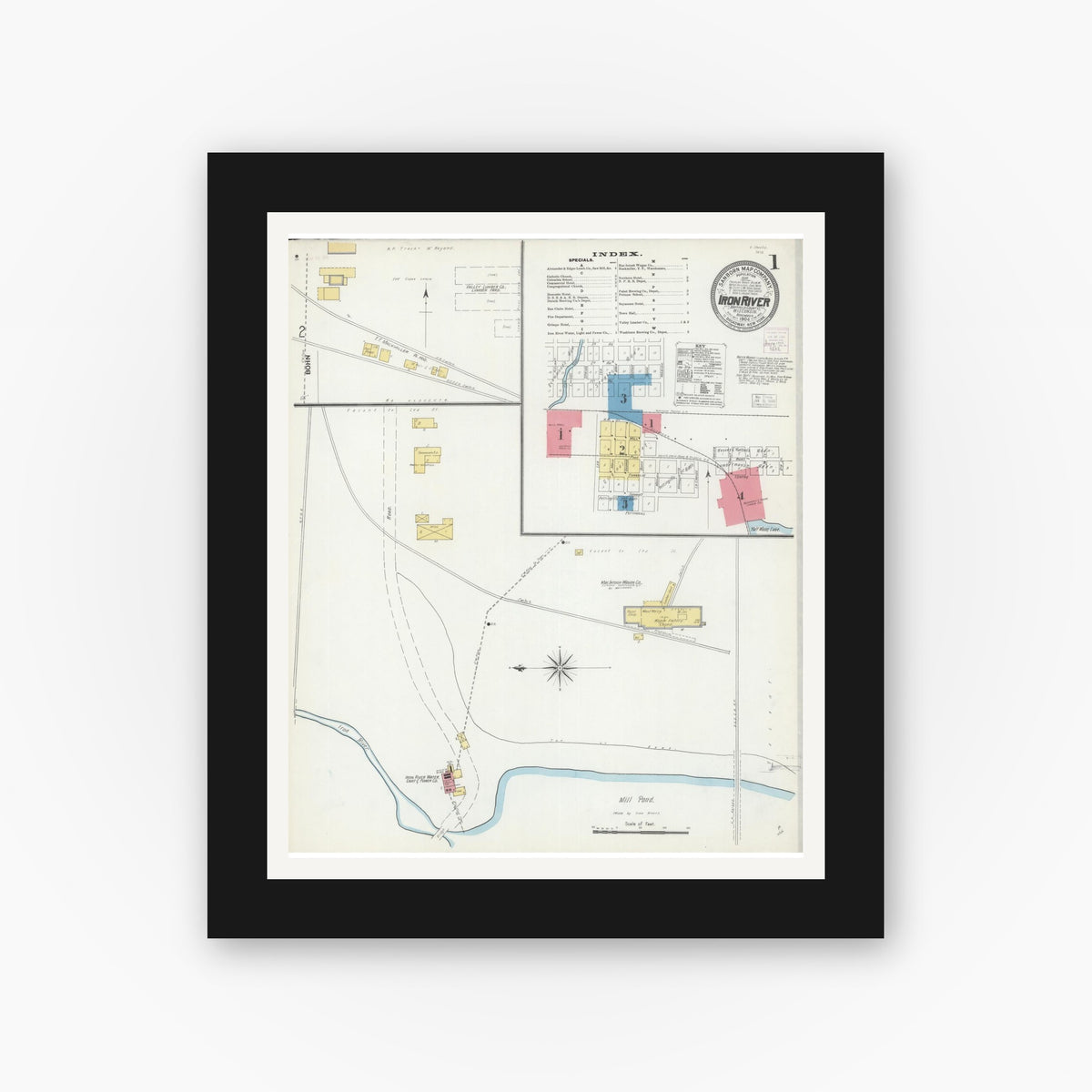 Old map wall art mockup — black gallery frame with white mat — Sanborn Fire Insurance Map from Iron River, Bayfield County, Wisconsin (1904) - Complete Map Set