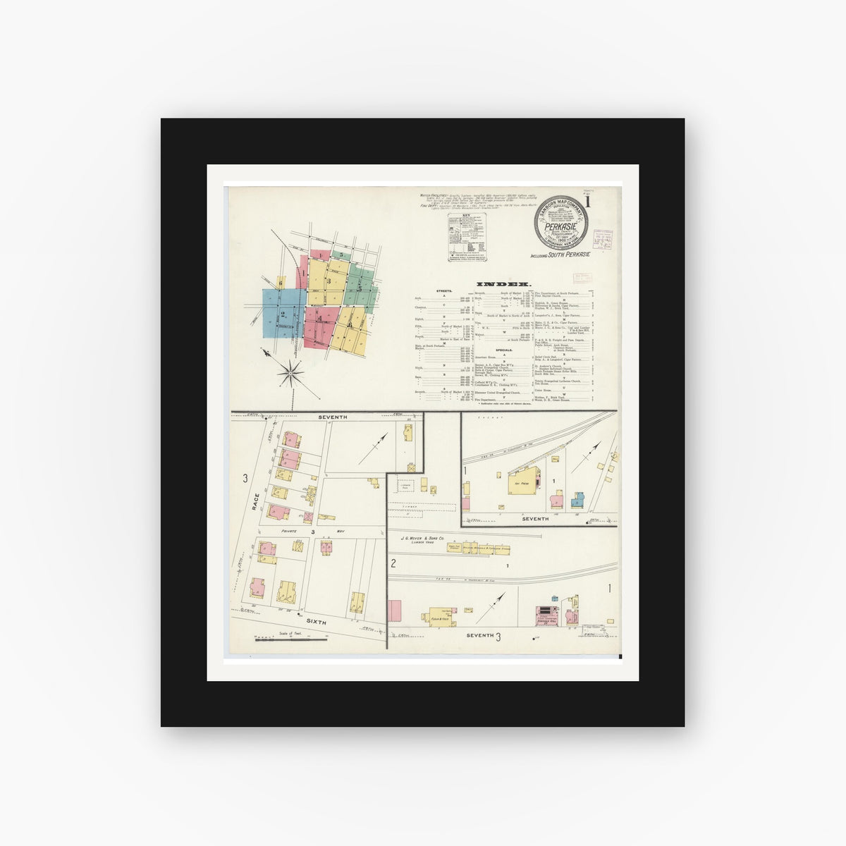 Old map wall art mockup — black gallery frame with white mat — Sanborn Fire Insurance Map from Perkasie, Bucks County, Pennsylvania (1908) - Complete Map Set