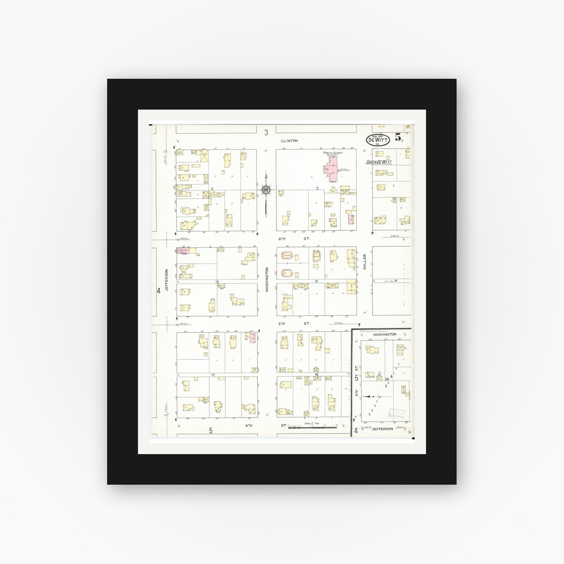 Old map wall art mockup — black gallery frame with white mat — Sanborn Fire Insurance Map from De Witt, Clinton County, Iowa (1914), Sheet #0005