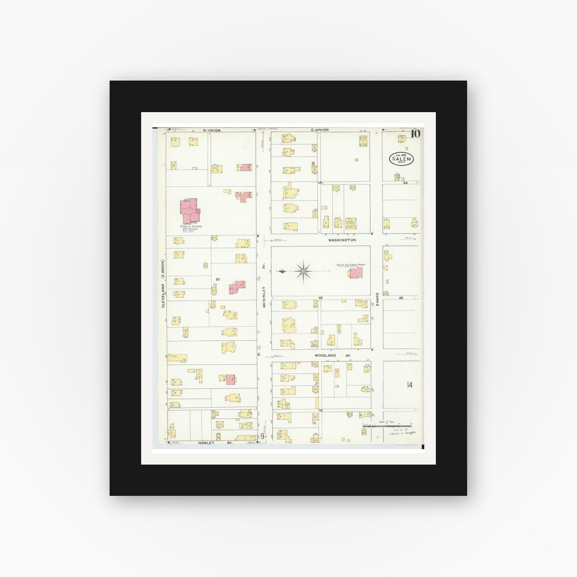 Old map wall art mockup — black gallery frame with white mat — Sanborn Fire Insurance Map from Salem, Columbiana County, Ohio (1909), Sheet #0010