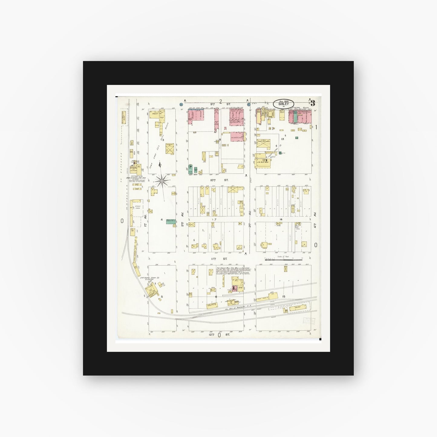 Old map wall art mockup — black gallery frame with white mat — Sanborn Fire Insurance Map from Sibley, Osceola County, Iowa (1900), Sheet #0003