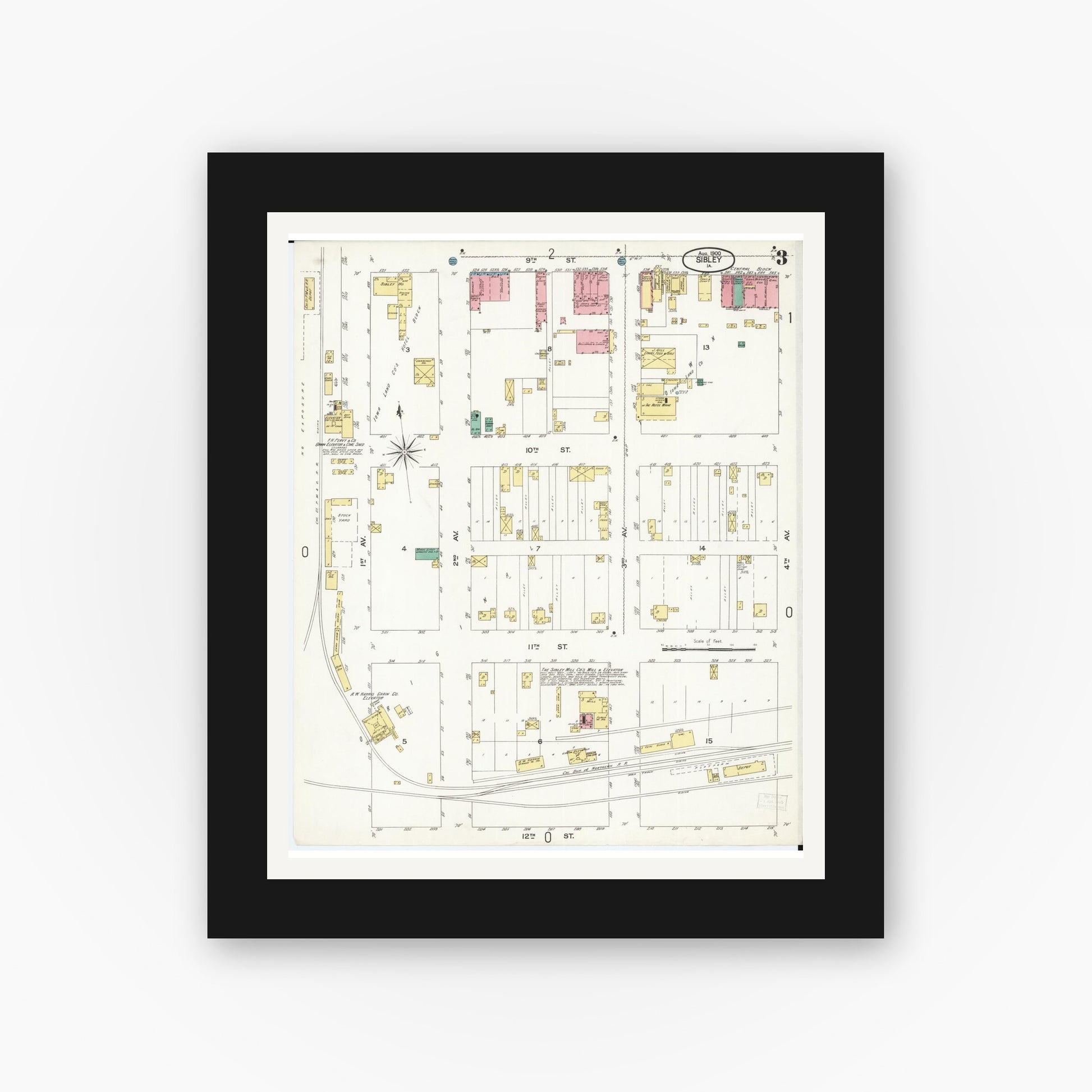 Old map wall art mockup — black gallery frame with white mat — Sanborn Fire Insurance Map from Sibley, Osceola County, Iowa (1900), Sheet #0003