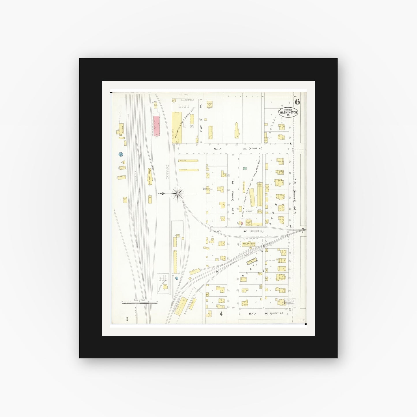 Old map wall art mockup — black gallery frame with white mat — Sanborn Fire Insurance Map from Washington, Washington County, Iowa (1902), Sheet #0006