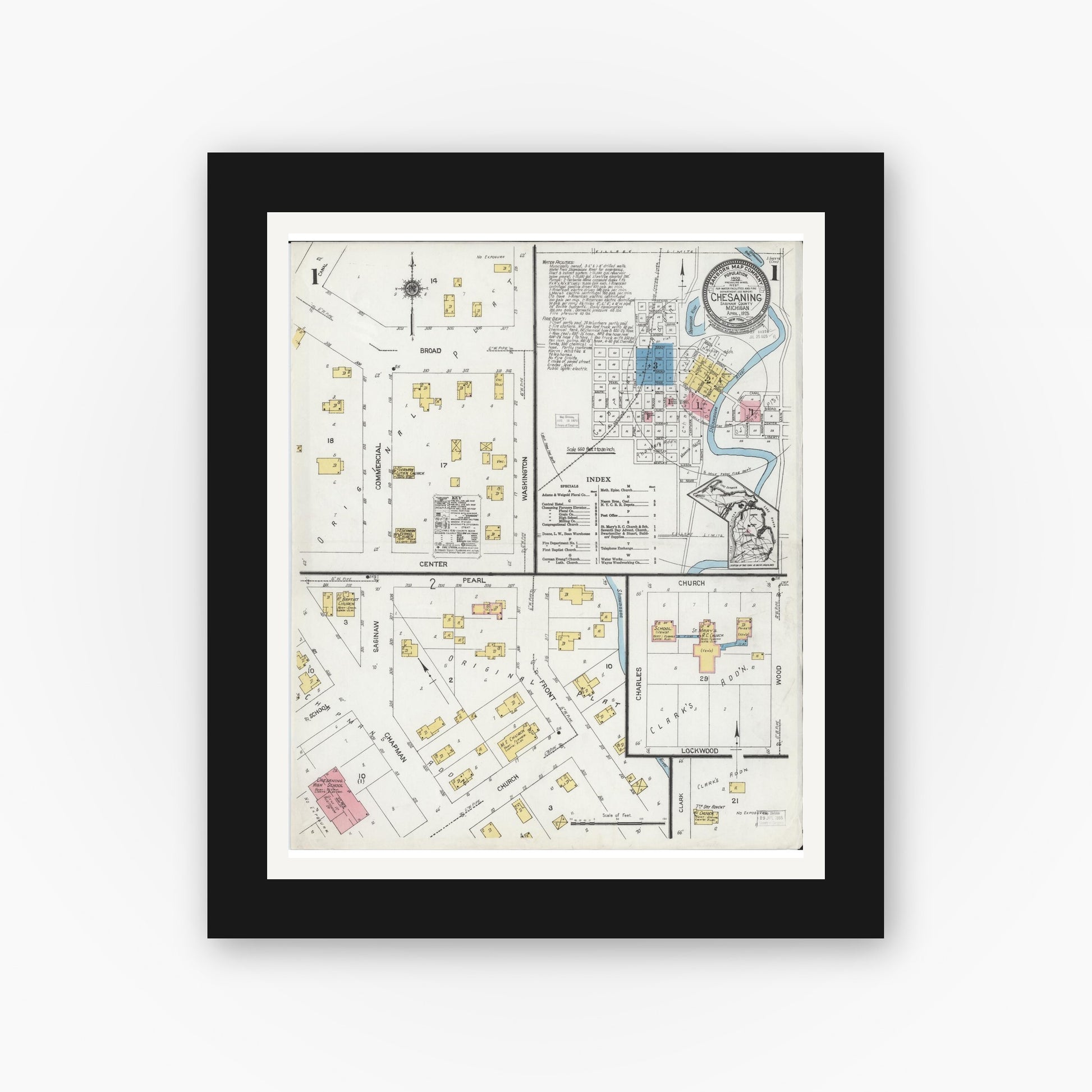 Old map wall art mockup — black gallery frame with white mat — Sanborn Fire Insurance Map from Chesaning, Saginaw County, Michigan (1925), Sheet #0001