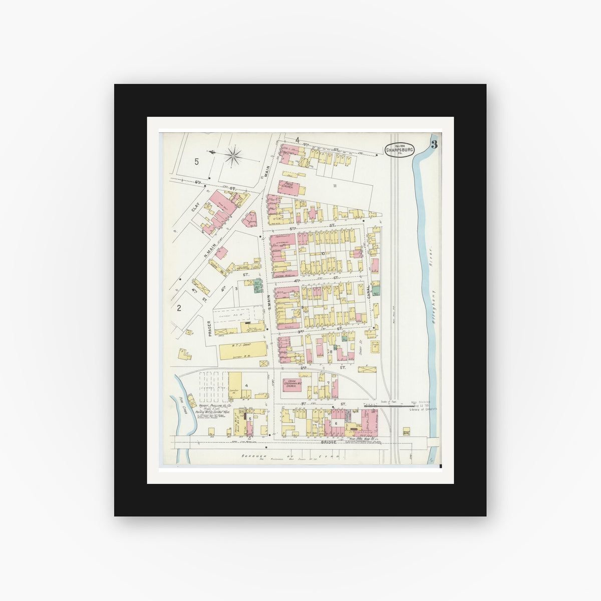 Old map wall art mockup — black gallery frame with white mat — Sanborn Fire Insurance Map from Sharpsburg, Allegheny County, Pennsylvania (1896), Sheet #0003