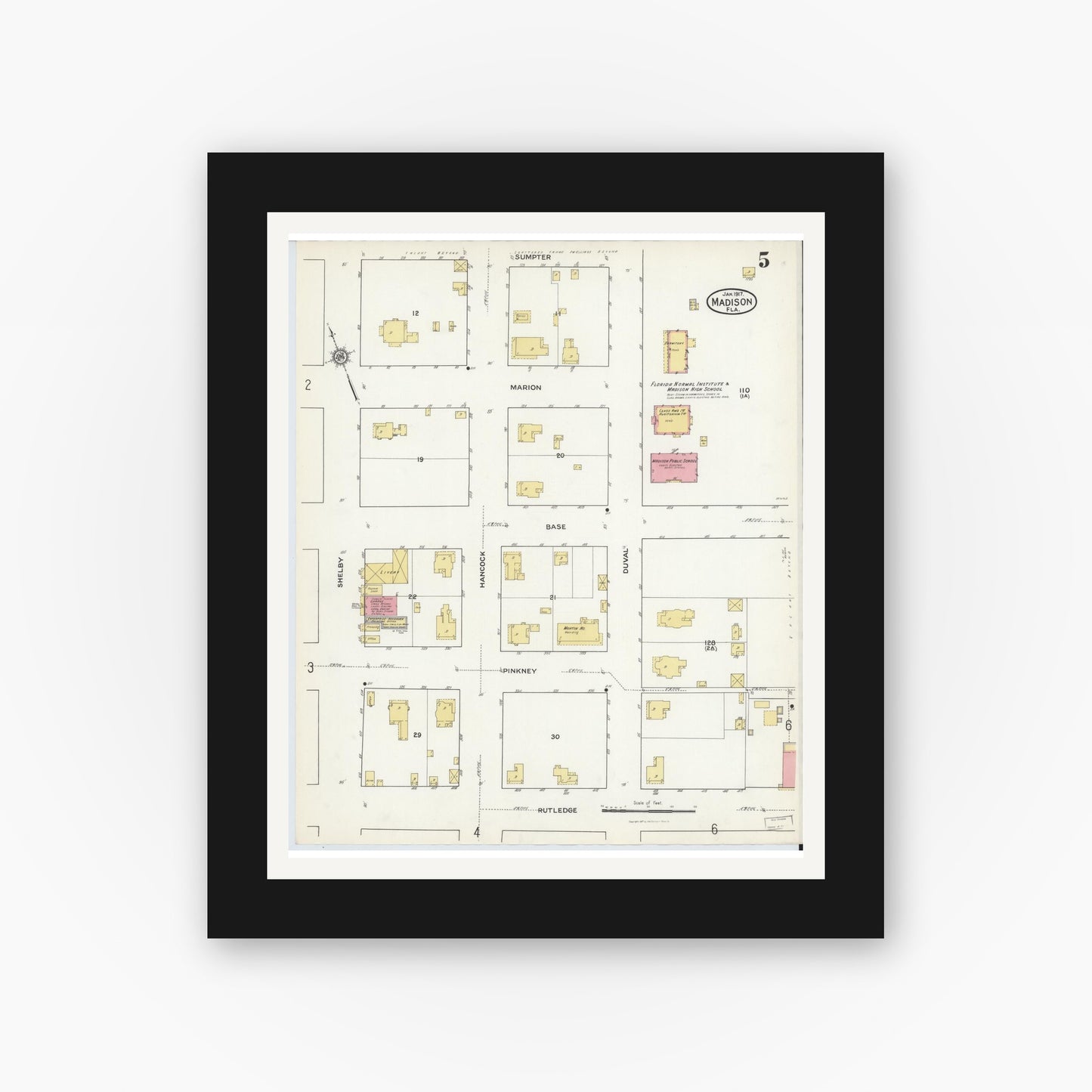 Old map wall art mockup — black gallery frame with white mat — Sanborn Fire Insurance Map from Madison, Madison County, Florida (1917), Sheet #0005