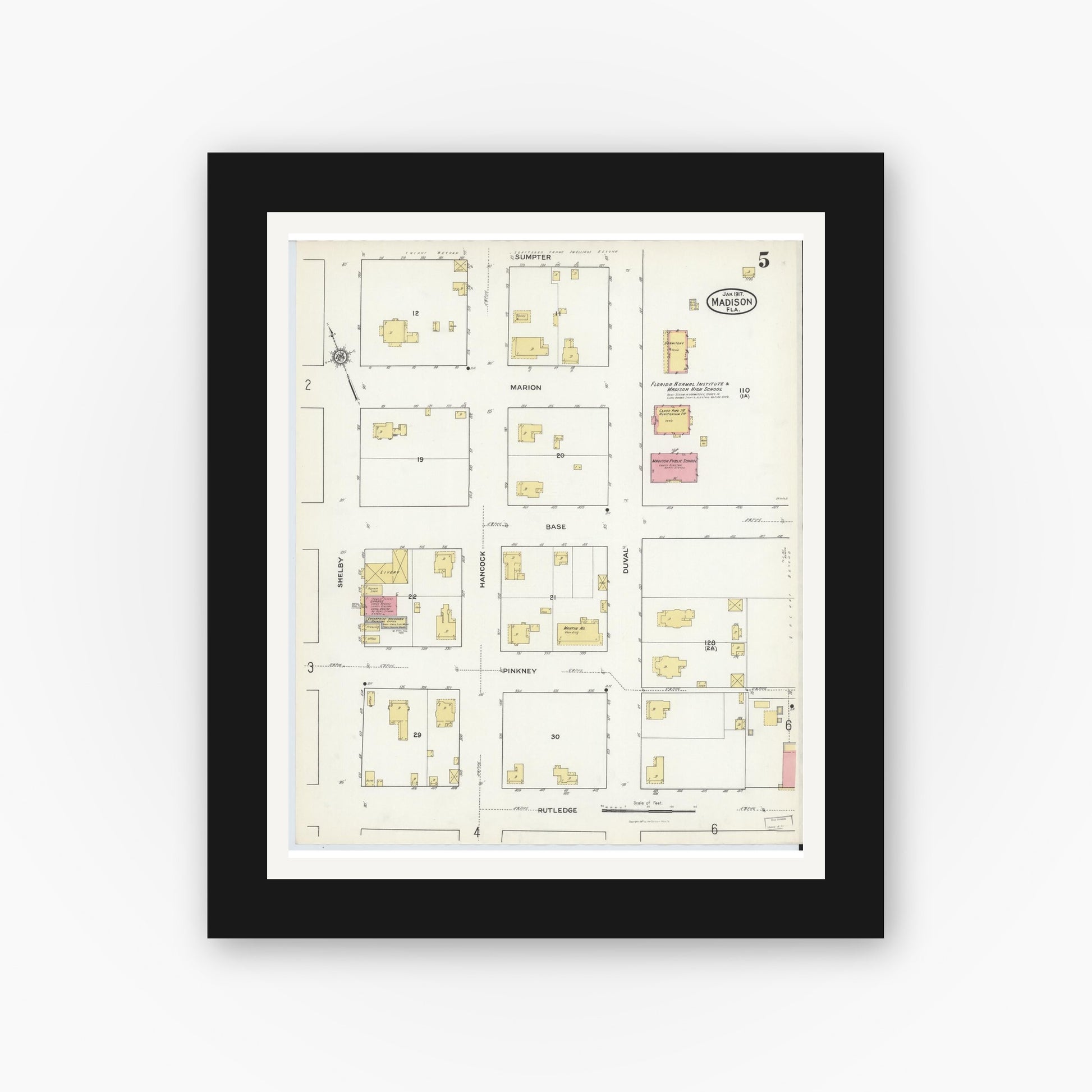 Old map wall art mockup — black gallery frame with white mat — Sanborn Fire Insurance Map from Madison, Madison County, Florida (1917), Sheet #0005