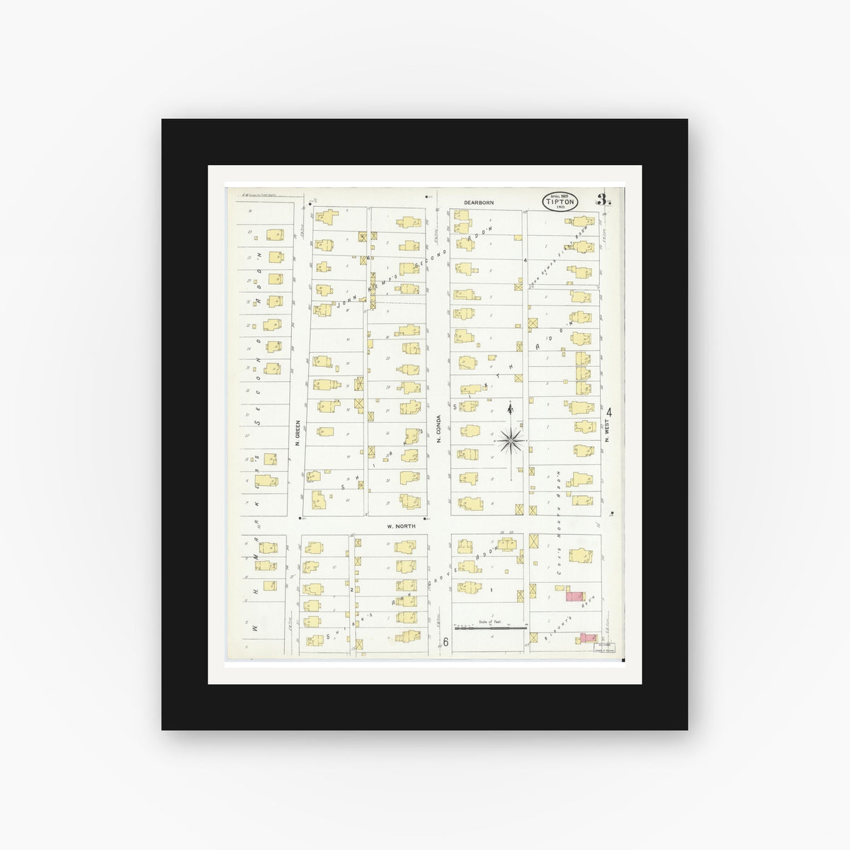 Old map wall art mockup — black gallery frame with white mat — Sanborn Fire Insurance Map from Tipton, Tipton County, Indiana (1909), Sheet #0003
