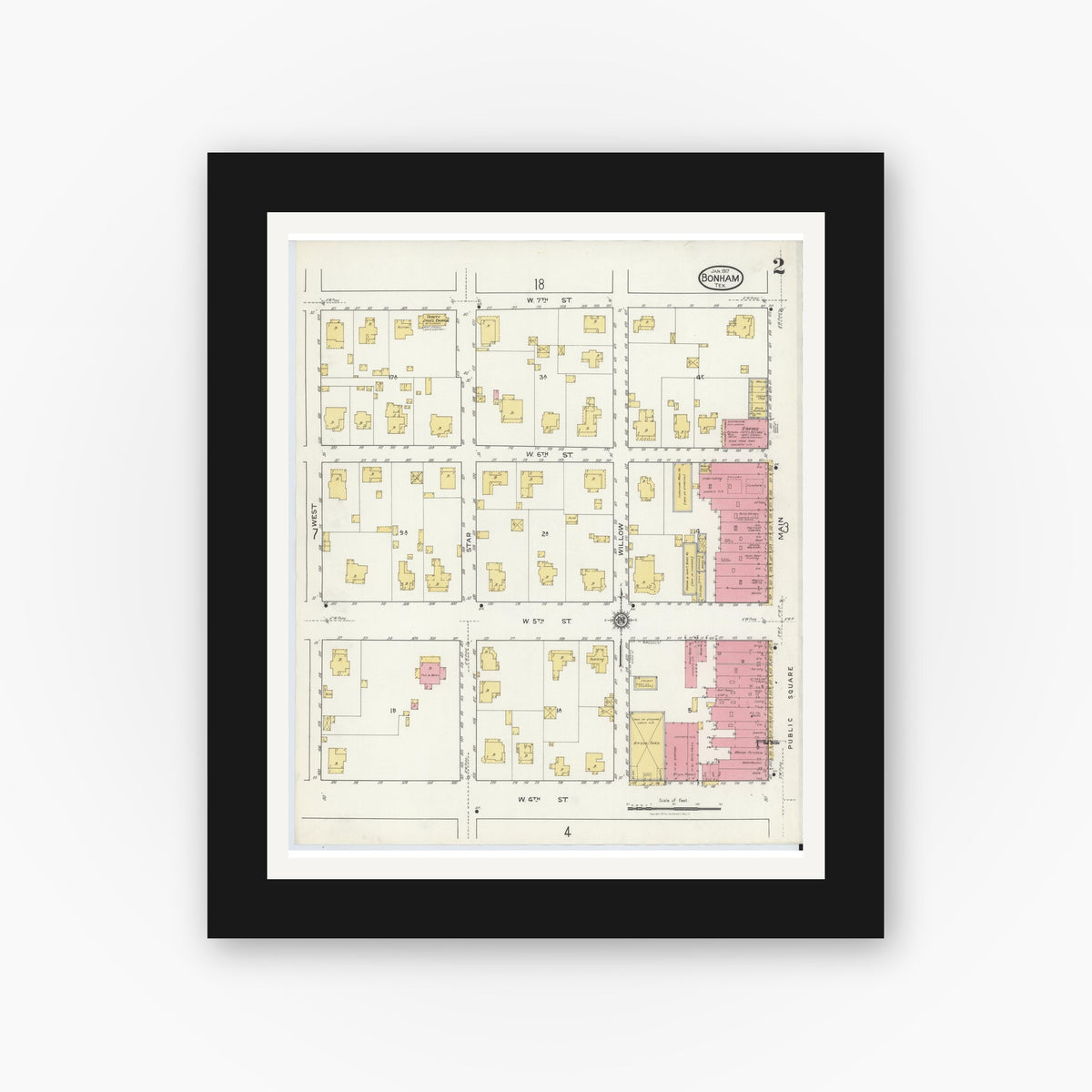 Old map wall art mockup — black gallery frame with white mat — Sanborn Fire Insurance Map from Bonham, Fannin County, Texas (1917), Sheet #0002