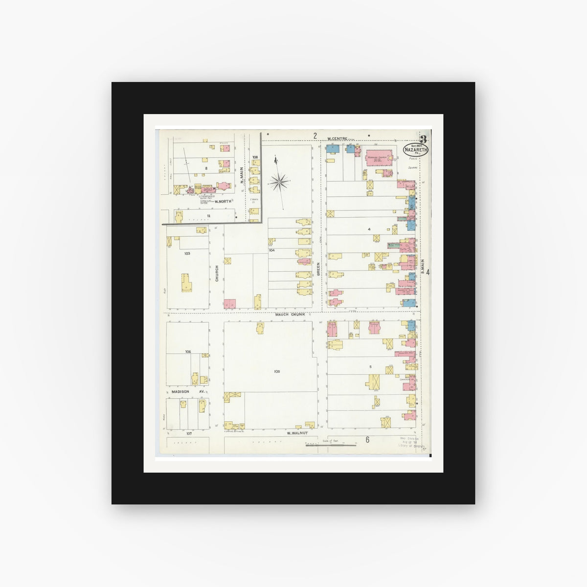 Old map wall art mockup — black gallery frame with white mat — Sanborn Fire Insurance Map from Nazareth, Northampton County, Pennsylvania (1904), Sheet #0003