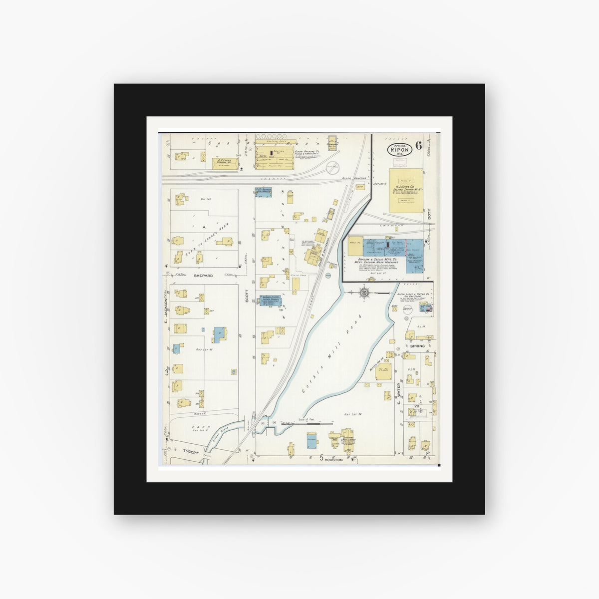 Old map wall art mockup — black gallery frame with white mat — Sanborn Fire Insurance Map from Ripon, Fond du Lac County, Wisconsin (1913), Sheet #0006