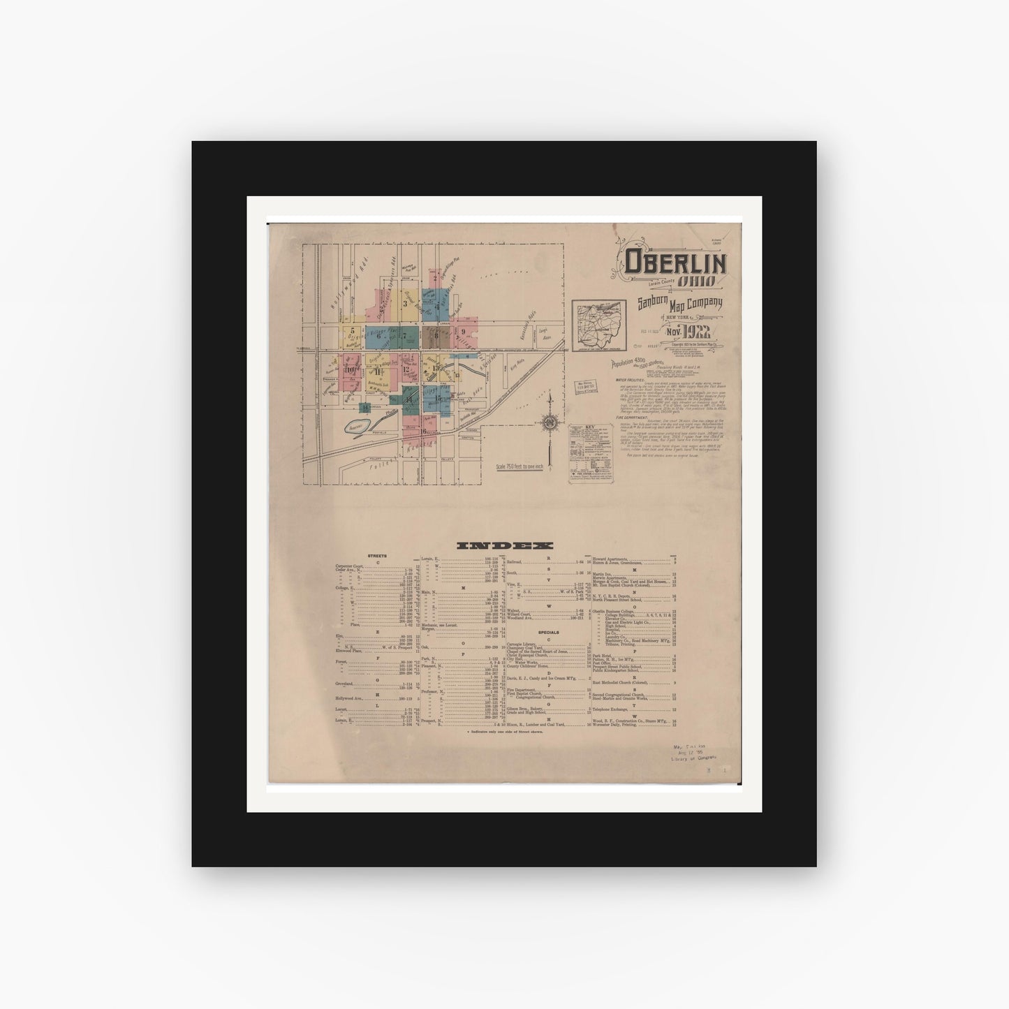 Old map wall art mockup — black gallery frame with white mat — Sanborn Fire Insurance Map from Oberlin, Lorain County, Ohio (1922) - Complete Map Set