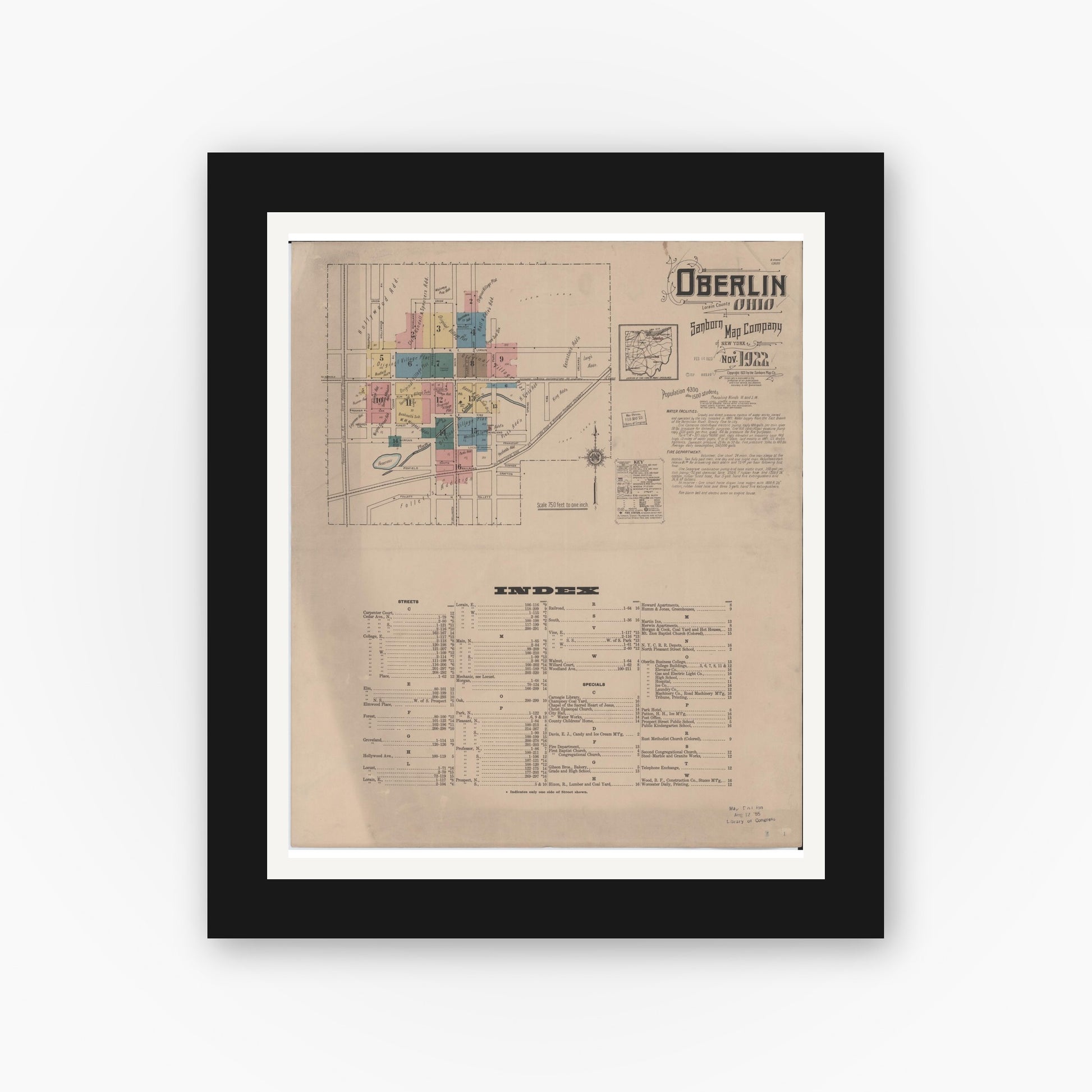 Old map wall art mockup — black gallery frame with white mat — Sanborn Fire Insurance Map from Oberlin, Lorain County, Ohio (1922) - Complete Map Set
