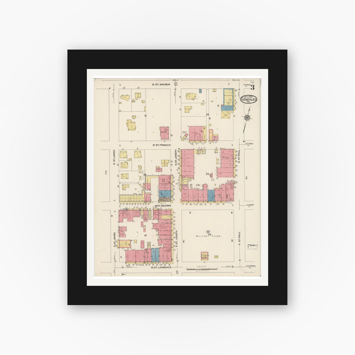 Old map wall art mockup — black gallery frame with white mat — Sanborn Fire Insurance Map from Gonzales, Gonzales County, Texas (1922), Sheet #0003
