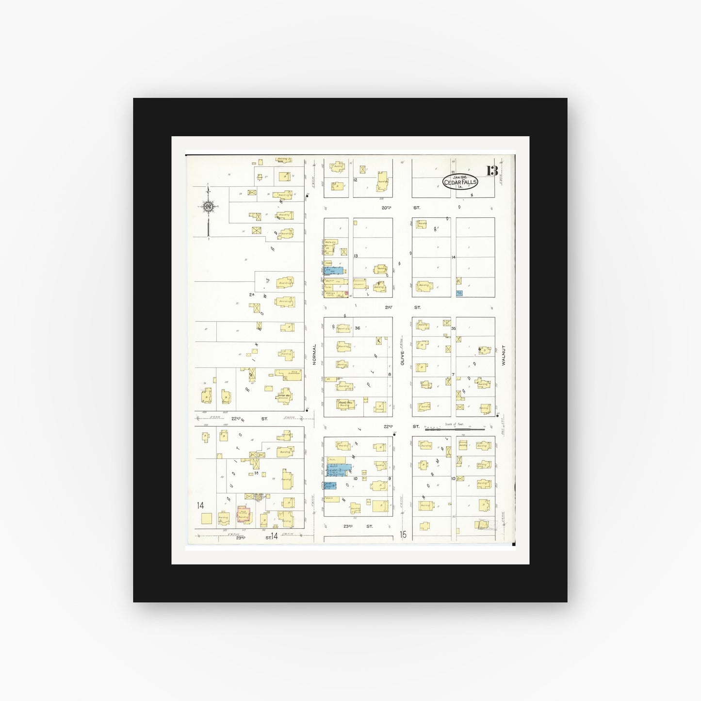 Old map wall art mockup — black gallery frame with white mat — Sanborn Fire Insurance Map from Cedar Falls, Black Hawk County, Iowa (1916), Sheet #0013