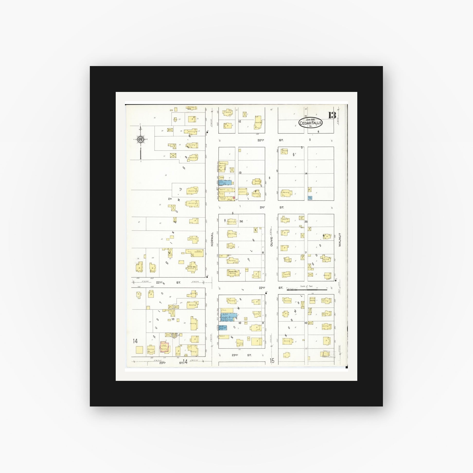 Old map wall art mockup — black gallery frame with white mat — Sanborn Fire Insurance Map from Cedar Falls, Black Hawk County, Iowa (1916), Sheet #0013