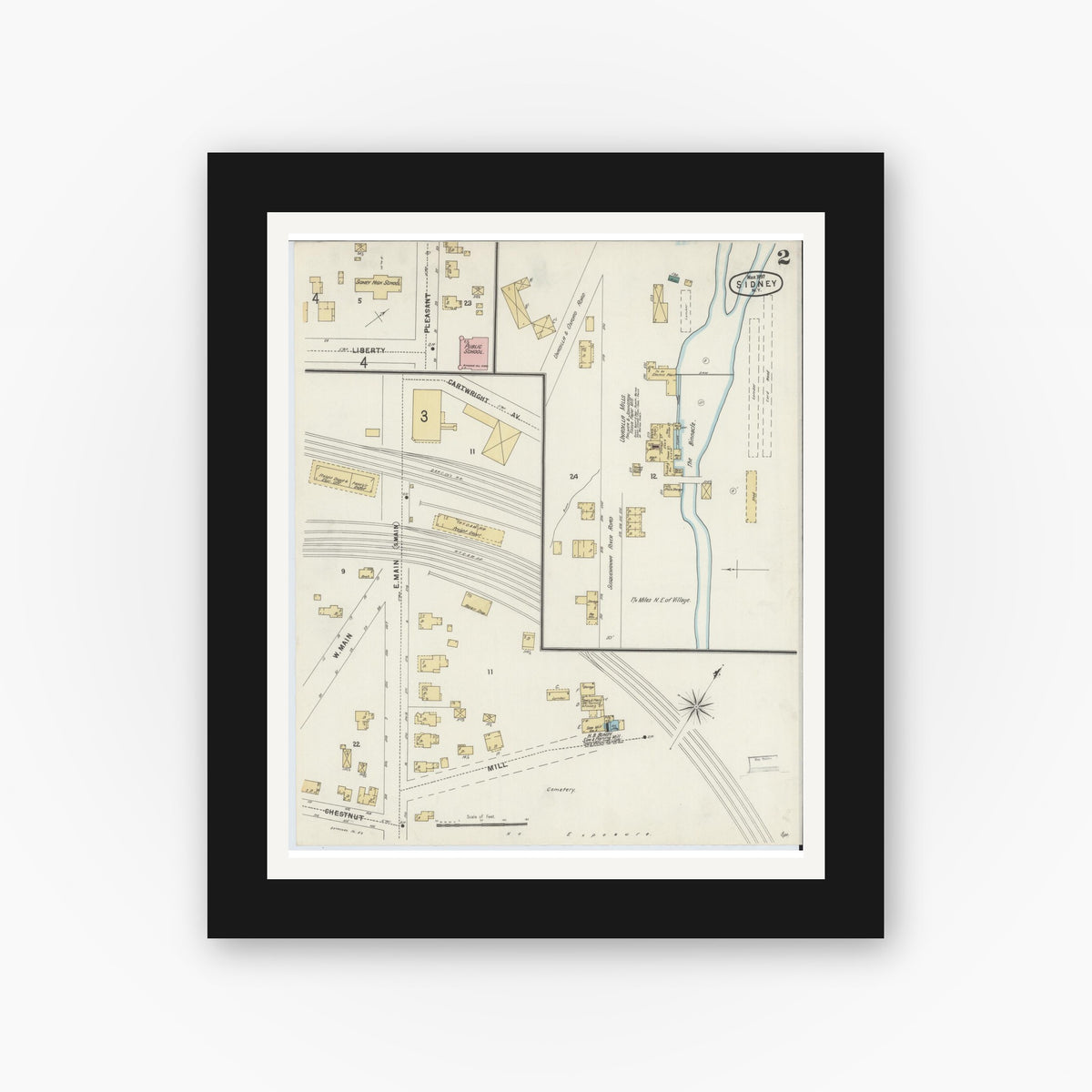 Old map wall art mockup — black gallery frame with white mat — Sanborn Fire Insurance Map from Sidney, Delaware County, New York (1897), Sheet #0002
