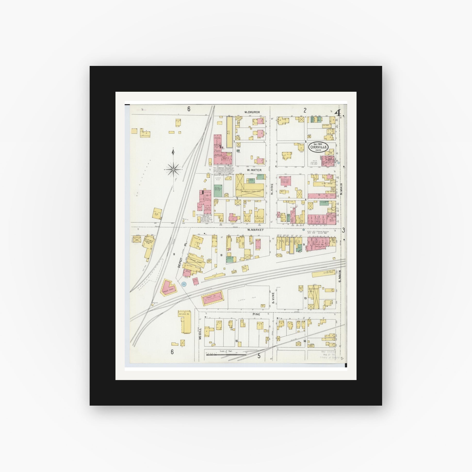 Old map wall art mockup — black gallery frame with white mat — Sanborn Fire Insurance Map from Orrville, Wayne County, Ohio (1904), Sheet #0004