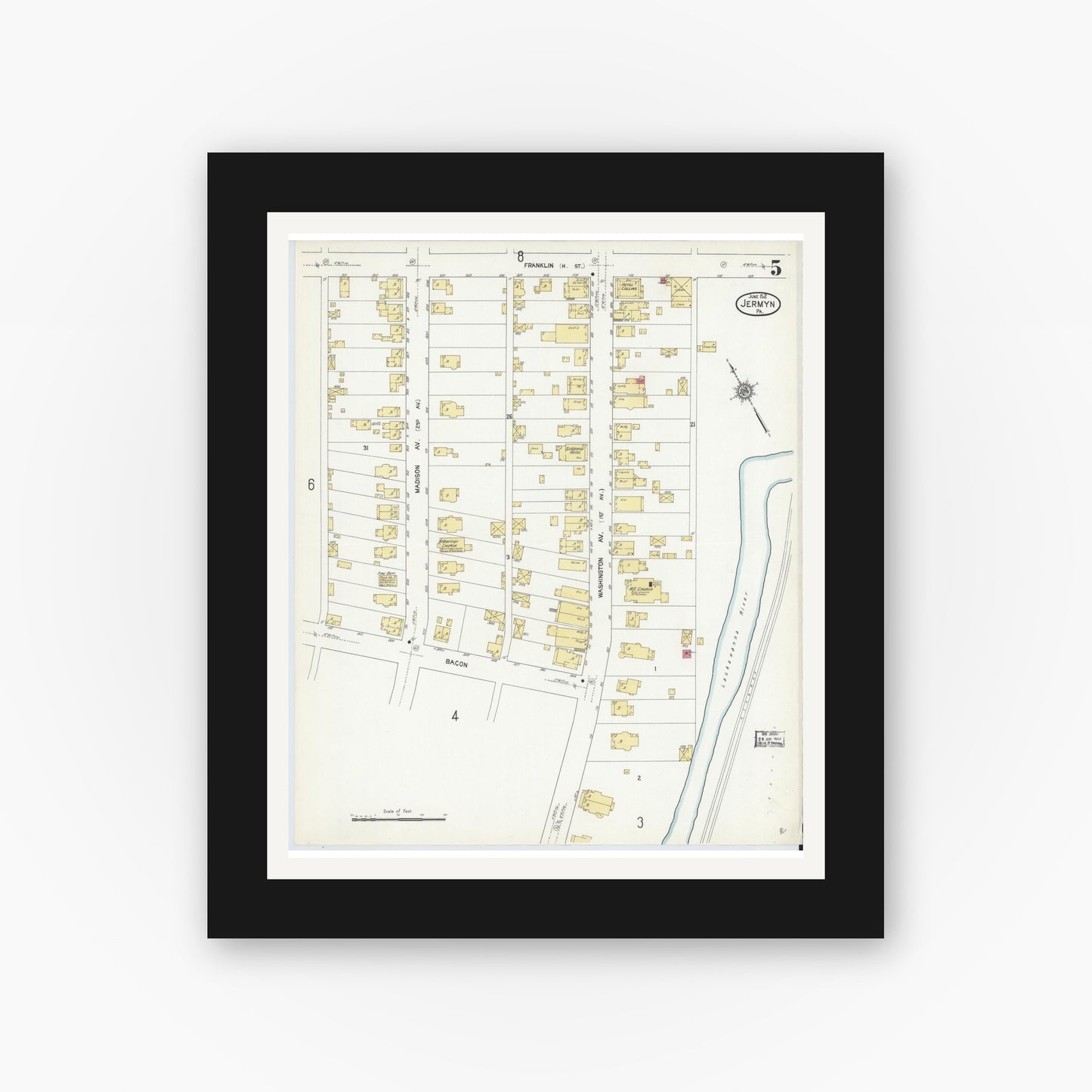 Old map wall art mockup — black gallery frame with white mat — Sanborn Fire Insurance Map from Jermyn, Lackawanna County, Pennsylvania (1912), Sheet #0005