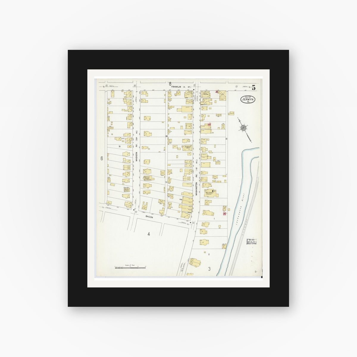 Old map wall art mockup — black gallery frame with white mat — Sanborn Fire Insurance Map from Jermyn, Lackawanna County, Pennsylvania (1912), Sheet #0005