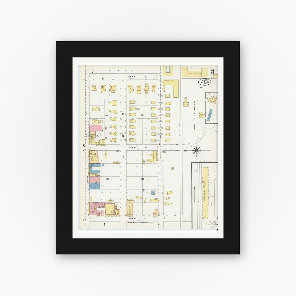 Old map wall art mockup — black gallery frame with white mat — Sanborn Fire Insurance Map from Miami, Dade County, Florida (1903), Sheet #0003