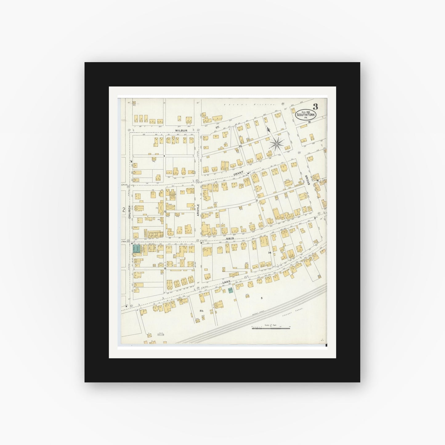 Old map wall art mockup — black gallery frame with white mat — Sanborn Fire Insurance Map from South Fork, Cambria County, Pennsylvania (1905), Sheet #0003