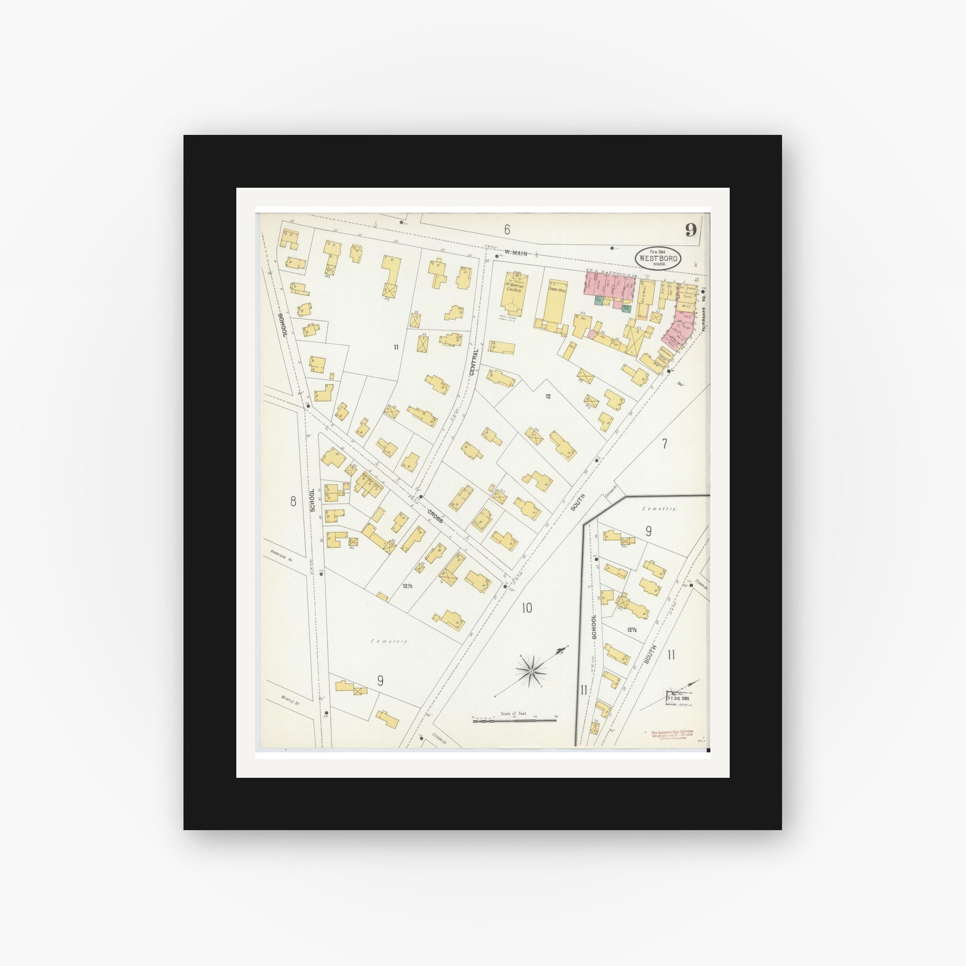 Old map wall art mockup — black gallery frame with white mat — Sanborn Fire Insurance Map from Westboro, Worcester County, Massachusetts (1904), Sheet #0009