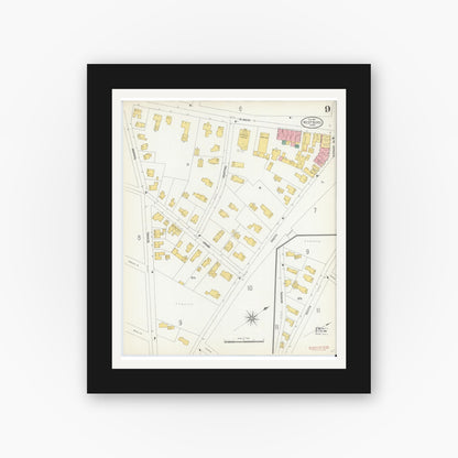Old map wall art mockup — black gallery frame with white mat — Sanborn Fire Insurance Map from Westboro, Worcester County, Massachusetts (1904), Sheet #0009